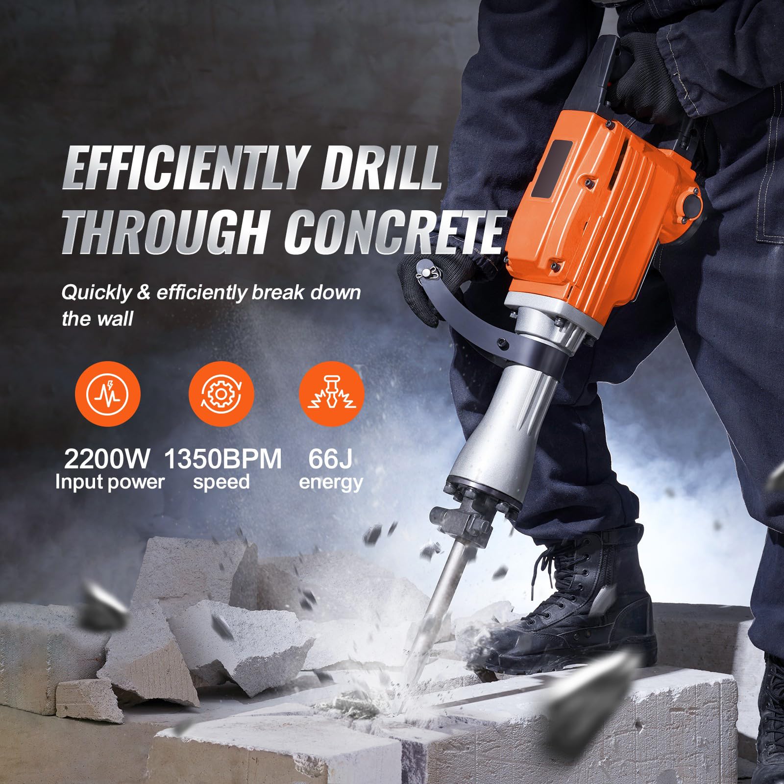 Happybuy 2200W Demolition Jack Hammer, 1400 BPM Concrete Breaker, Heavy Duty Electric, 6pcs Chisel Bits, Gloves, 360° Swiveling Front Handle, Trenching & Breaking Holes