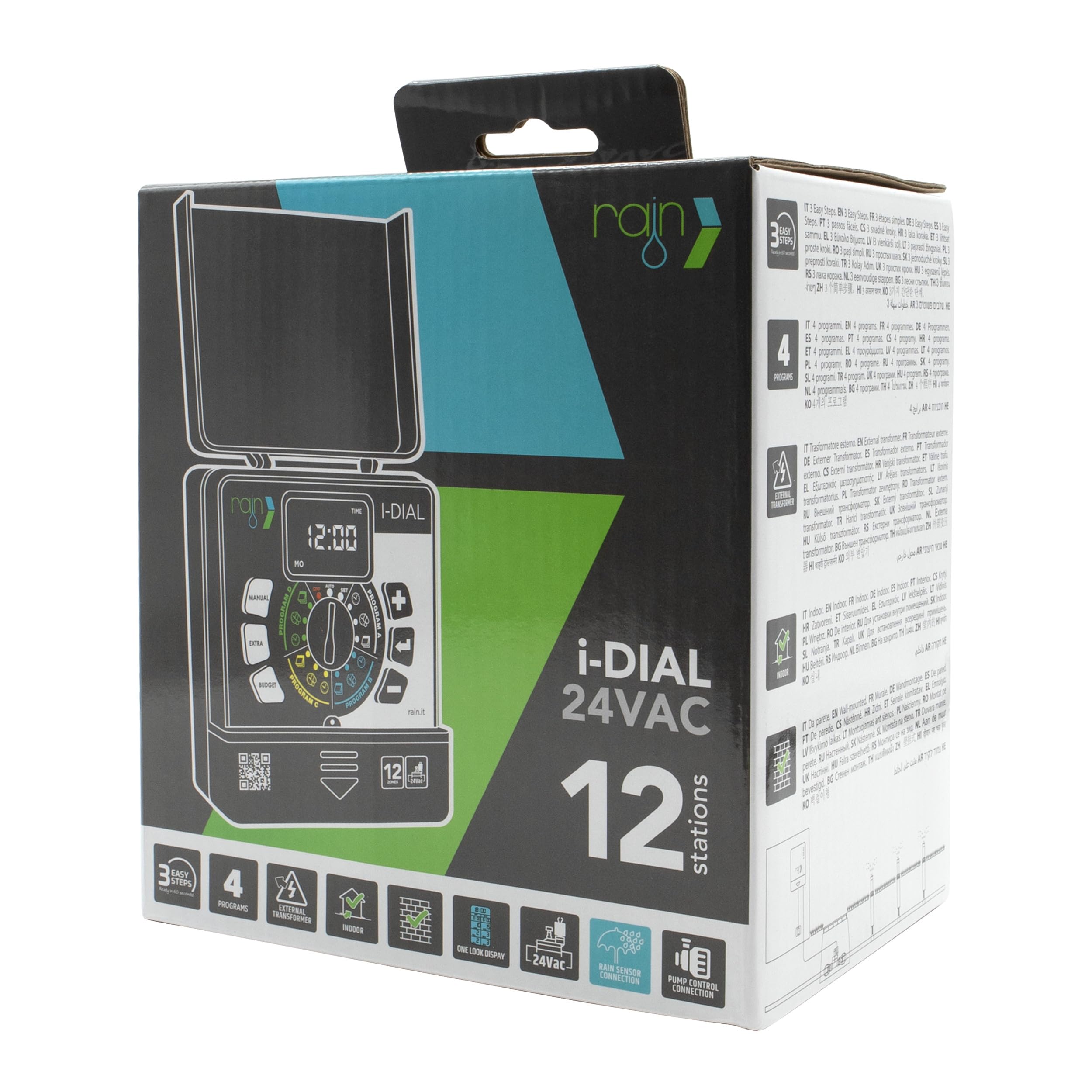 Centralina Irrigazione 4 zone per interno | Programmatore Indoor Rain I-Dial 24 VAC | Trasformatore esterno 220 Schermo retroilluminato | Impianto di irrigazione automatico per elettrovalvole
