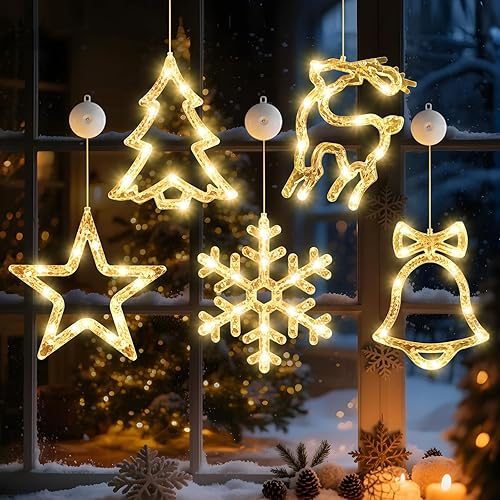 5 luces de Navidad para ventana con temporizador, funciona con pilas, luz blanca cálida con copos de nieve, campanas de árbol con forma de estrella