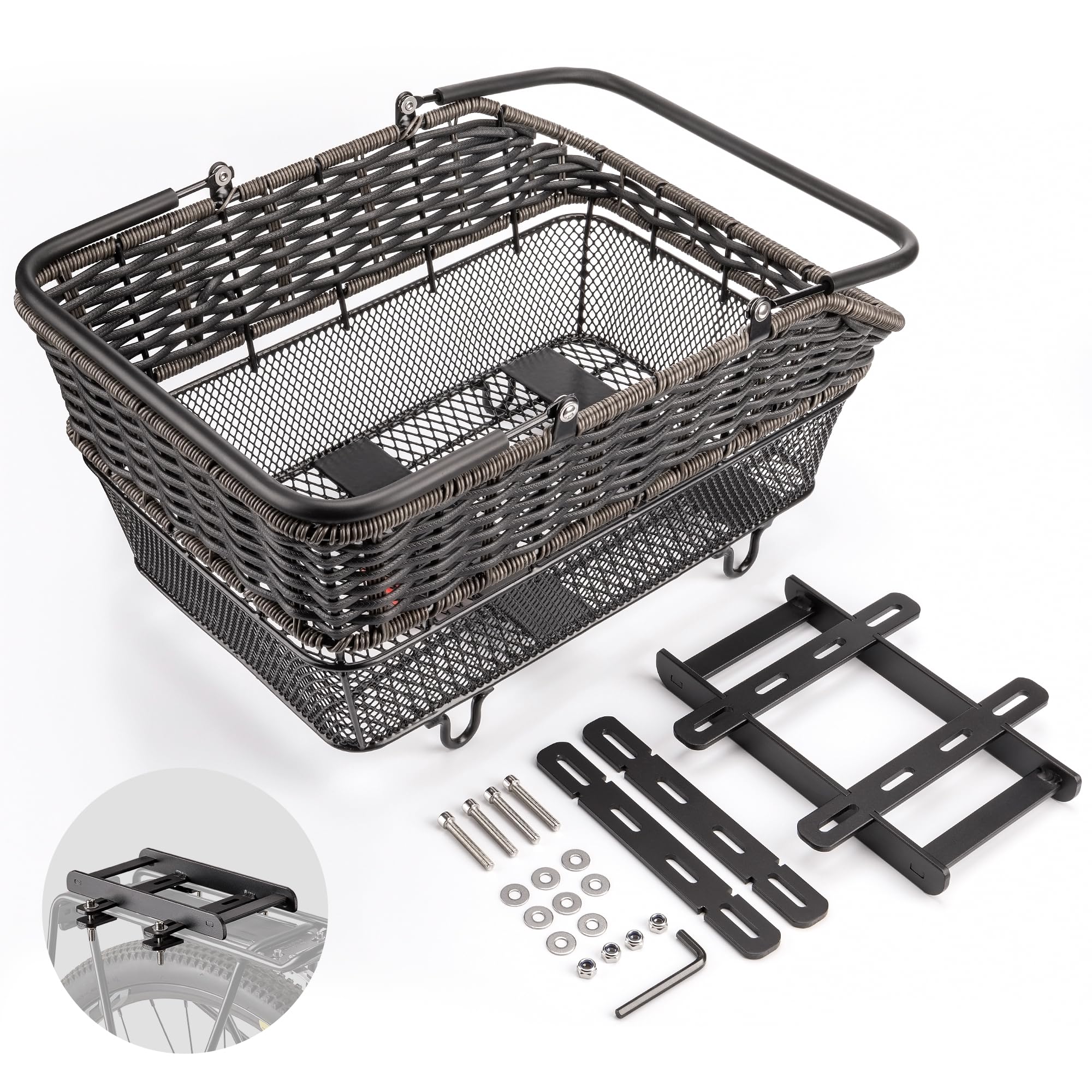CXWXC Panier arrière de vélo avec poignée – Panier arrière de vélo à dégagement rapide avec filet de chargement et housse imperméable, paniers arrière en fil métallique de grande capacité