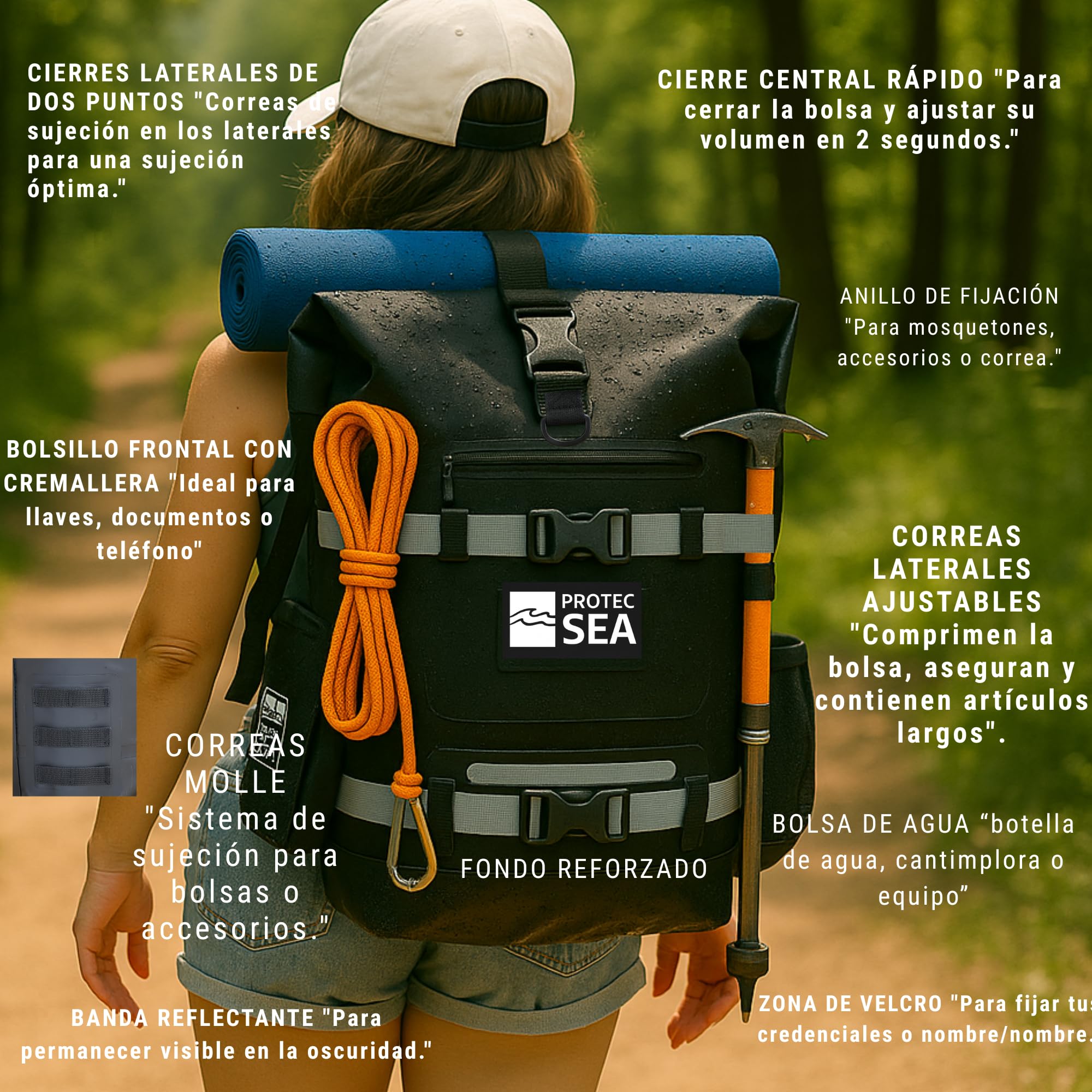 Bolsa de senderismo para mochila y bolsa impermeable | Cremallera de zinc anticorrosión impermeable | Volumen ajustable 20L a 40L | Cómodo transporte | Fijaciones Molle | Bolsillos