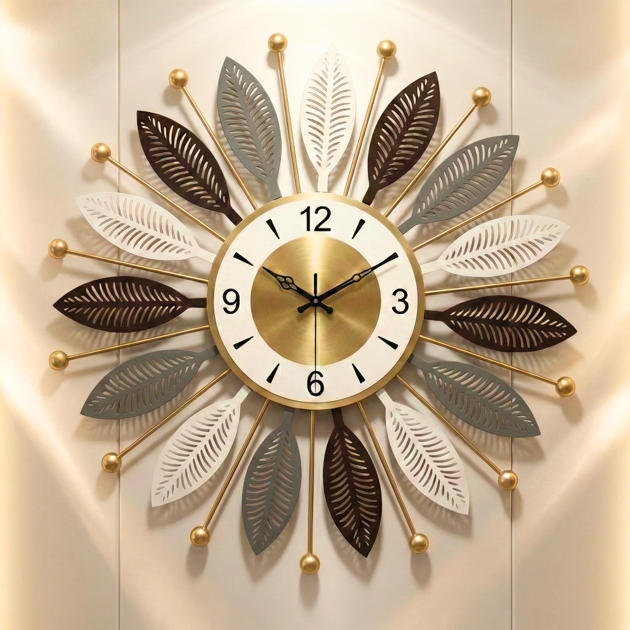 RIOH Decor Premium Metal Wall Clock for Home | Luxury 3D Leaf Design | Silent Sweep Movement | Big Decorative Wall Clock for Living Room, Bedroom & Hall | 60 cm Golden Designer Clock