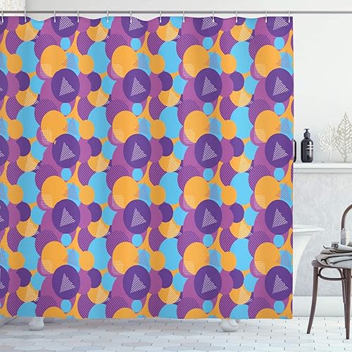 Ambesonne Synthwave Shower Curtain, Continuous Pattern of Futurism Themed Colorful Shapes Round and Triangles, Cloth Fabric Bathroom Decor Set with
