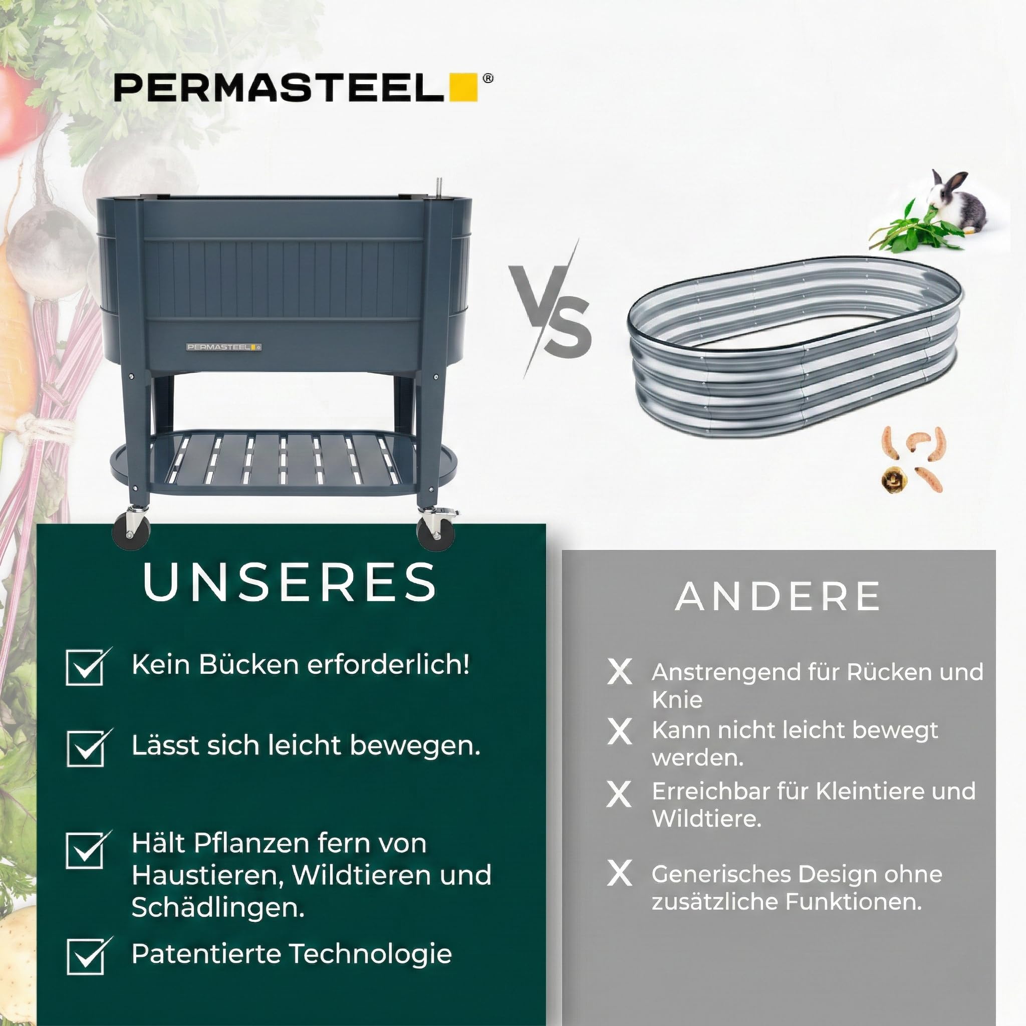Permasteel Hochbeet Metall mit Rollen für Garten oder Balkon - Pflanzkübel groß außen 101x51x94 cm - Selbstbewässerungssystem, Wasserstandsanzeige und Ablassventil - Für Gemüse, Kräuter oder Blumen