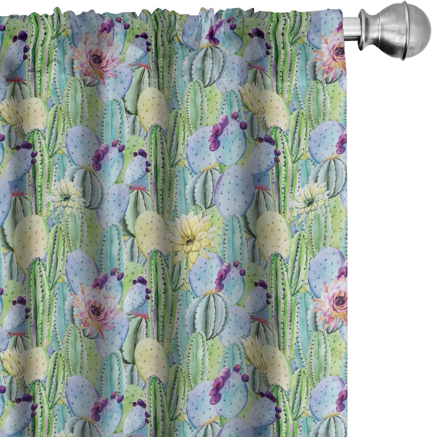 Ambesonne Cactus Window Curtains, Types of Cactus Plant Pattern with Flowers and Buds Fruits Nature Art Image, Lightweight Decor 2-Panel Set with Rod Pocket, Pair of - 28" x 95", Green Blue
