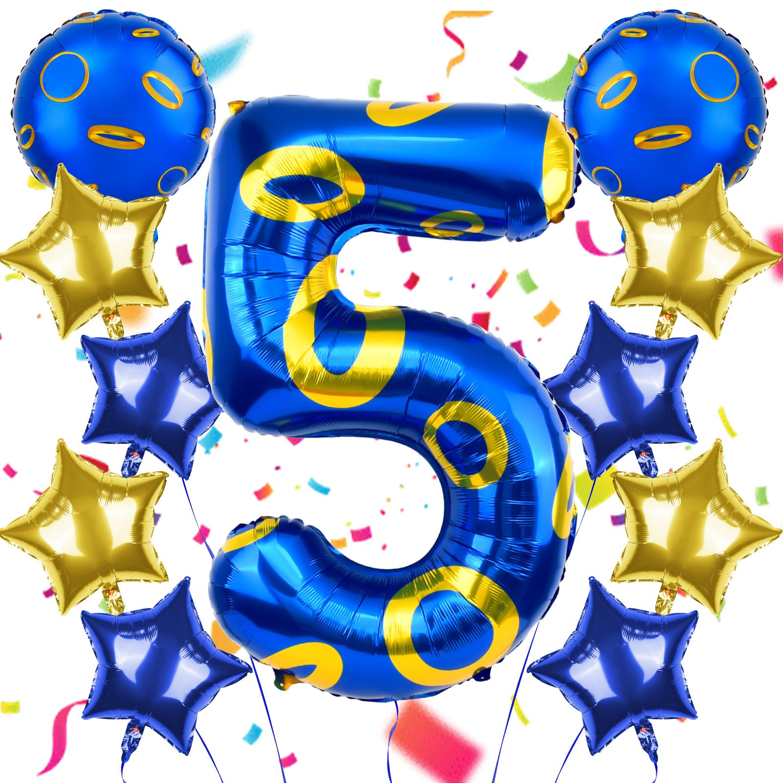 40 Inch Blue and Golden Ring Themed Number Balloon, Number Block Foil Number 5 Balloons Large Big Numbers Helium Balloon for Girls Boys 5th Birthday Theme Party Decorations (Number 5)