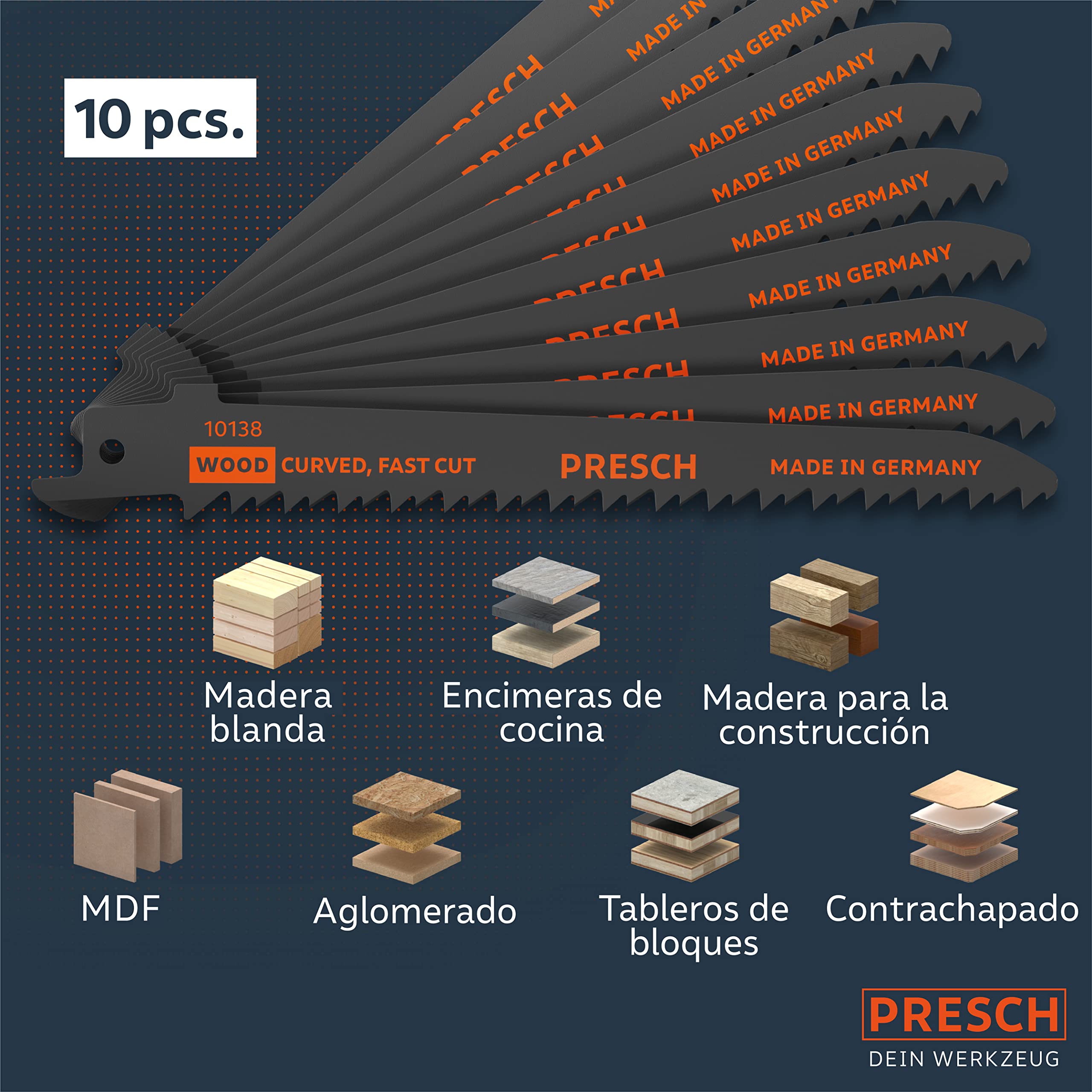 Presch Hojas sierra sable madera 130mm 10 piezas - corte curvo 6-100mm - Hojas de sierra para madera, cuchillos de cocina y más. - Juego de hojas de sierra con caja incluida