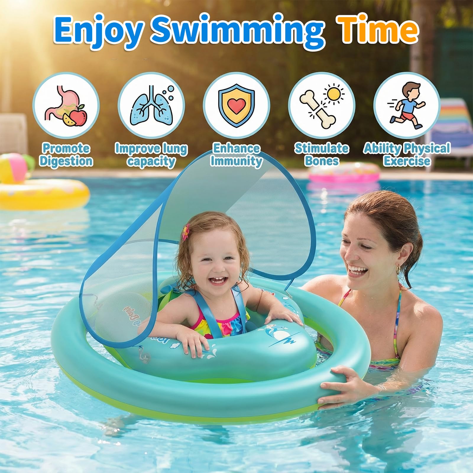 Flotador Bebe con Sombrilla Ninonly Flotador Niño Inflable de Doble Anillo Seguro con Protección UV 50+, Asiento Ergonómico para Piscina Bebe y Playa Ideal Piscina Niño de 6 a 36 Meses