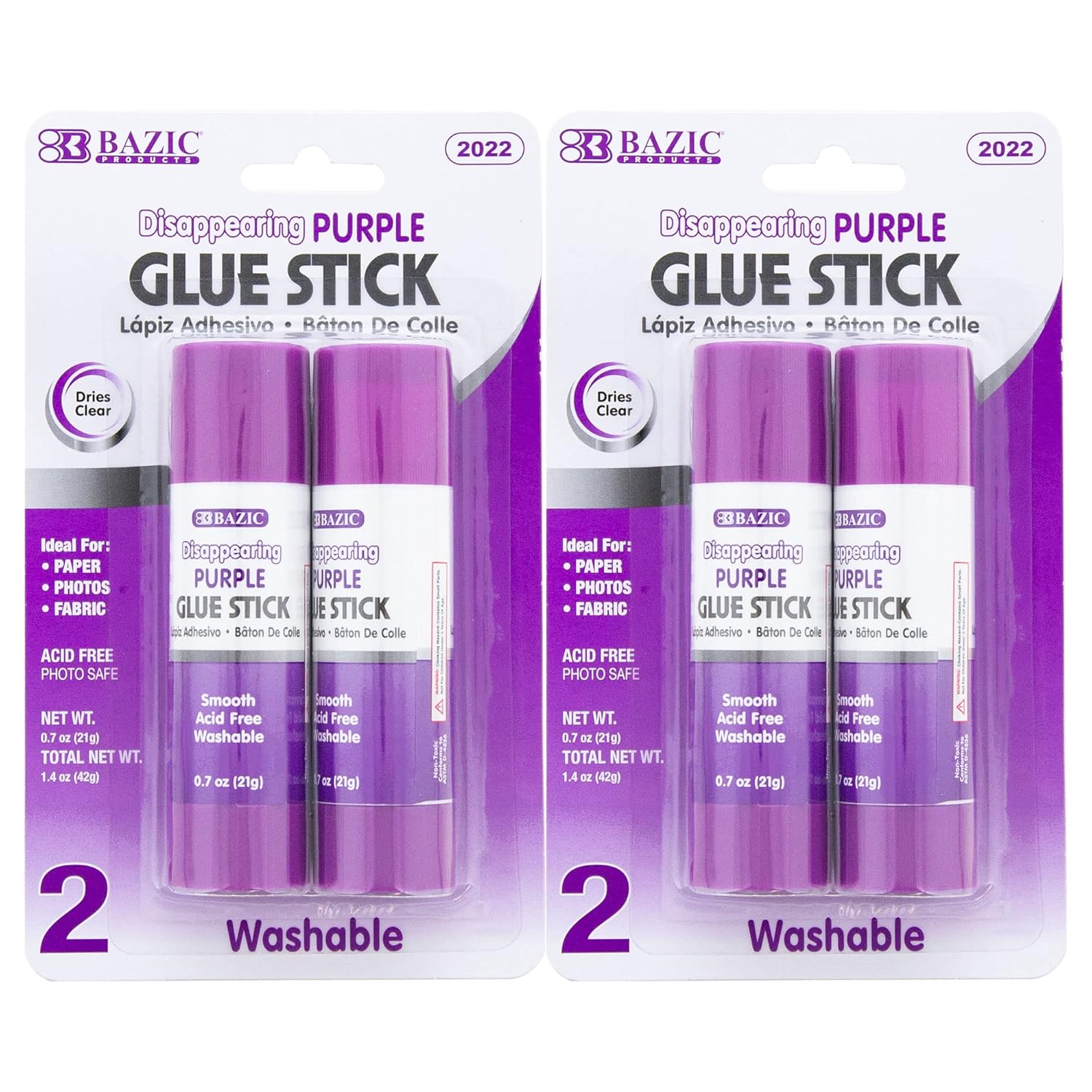 BAZIC Products Washable Disappearing Purple Glue Stick 21g/0.7 Oz., Color Acid Free Glue Sticks for Photos Paper Kids at School Office (2/Pack), 24-Pack