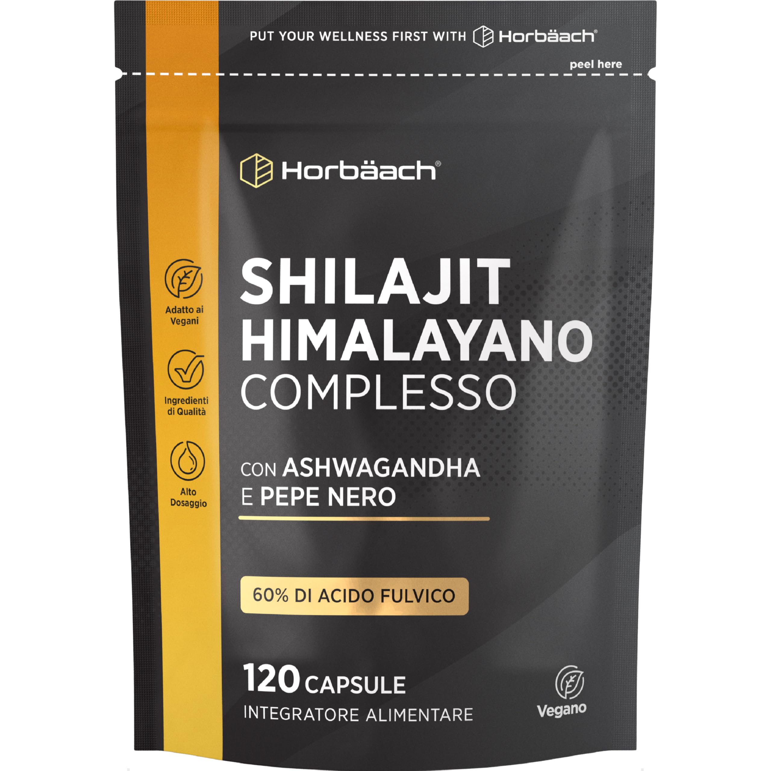 Shilajit Himalayano Puro Capsule | 1500 mg | 60% di Acido Fulvico | 120 Capsule Vegane | Integratore Alimentare di Estratto di Shilajit dalla Fonte Himalayana | Shilajit Complex | Horbaach
