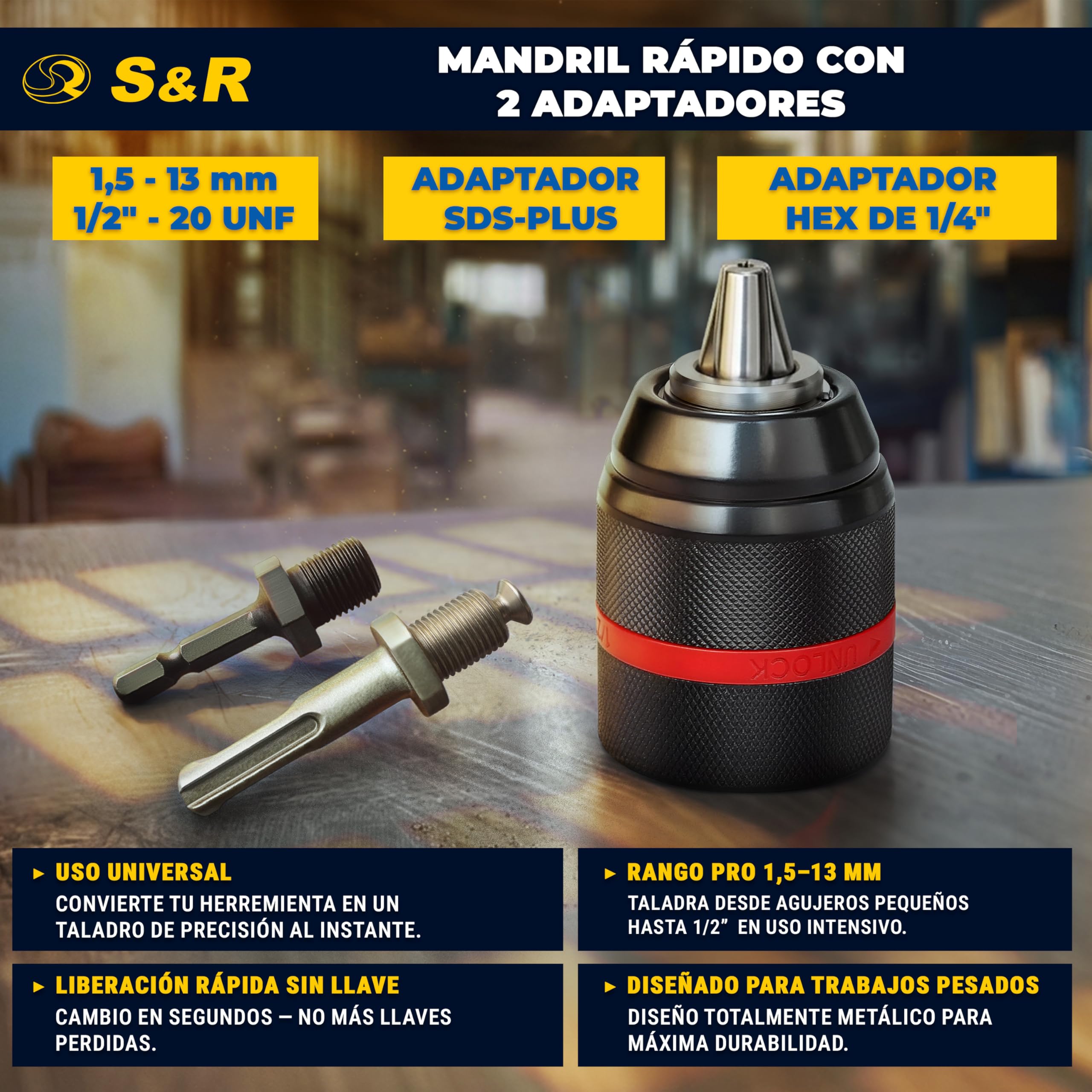 S&R Portabrocas Taladros sin llaves 1,5mm ½ - 20unf con Adaptador SDS PLUS + Adapator Hexagonal. Mandril Cabezal Taladro SDS PLUS a cierre rápido