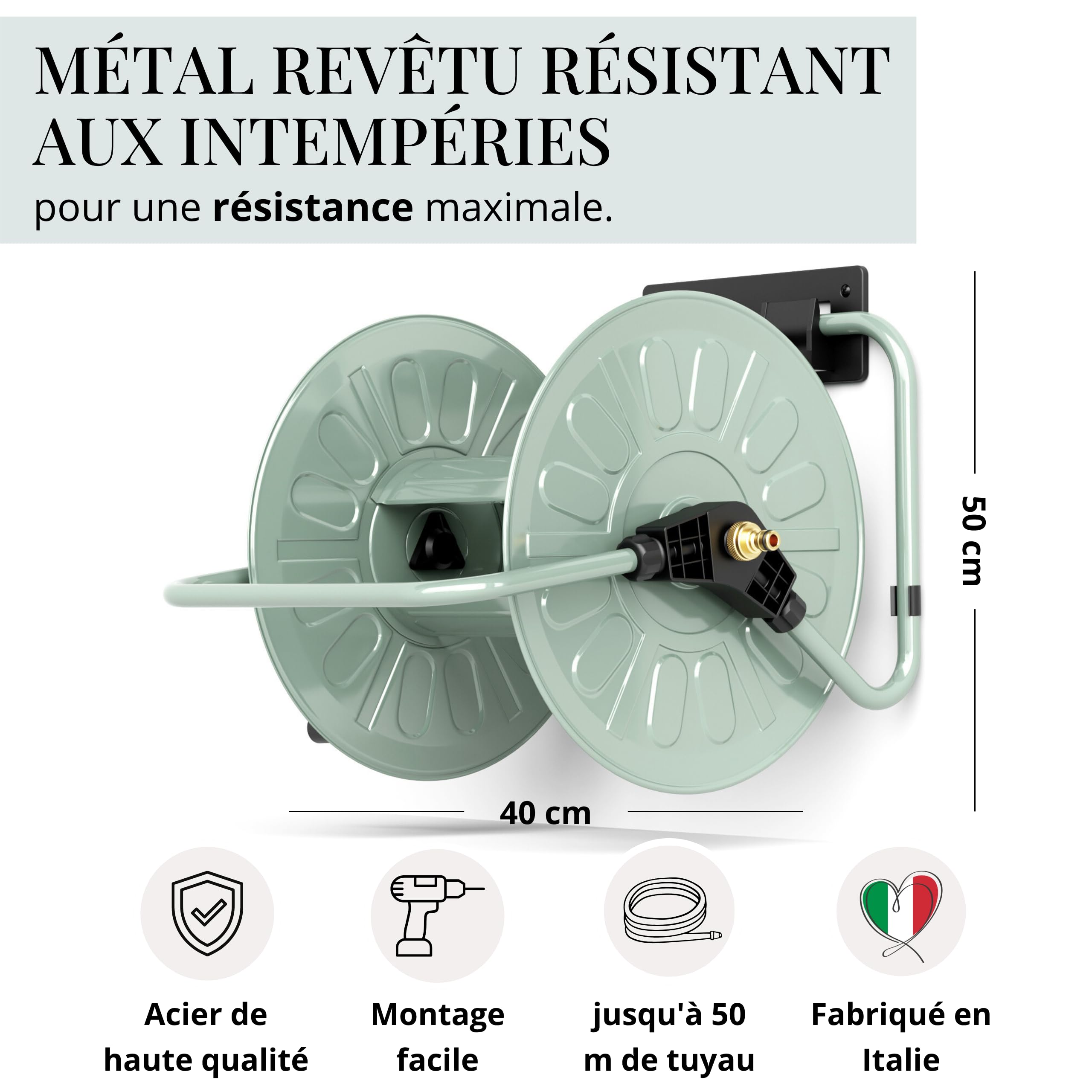 Livlig53 LIVLIG Enrouleur de tuyau d'arrosage en métal de 50 m, avec revêtement par pulvérisation, montage mural et au sol, fabriqué en Italie, vert