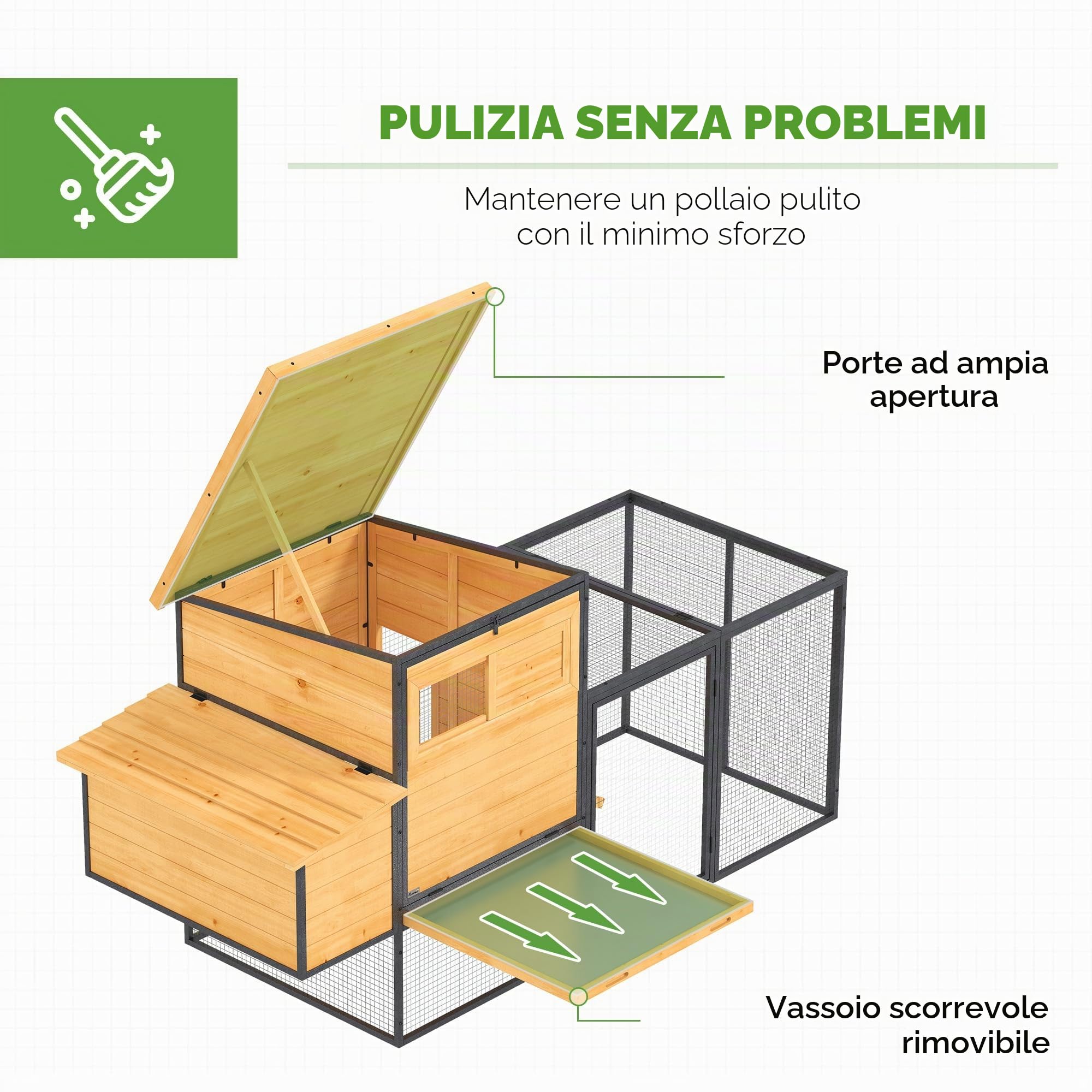 PawHut XXL Pollaio Legno 3-5 Galline Recinto 192x81,5x104cm Arancione | Acciaio, tetto apribile, nido, vassoio per rifiuti, riparo esterno per polli.