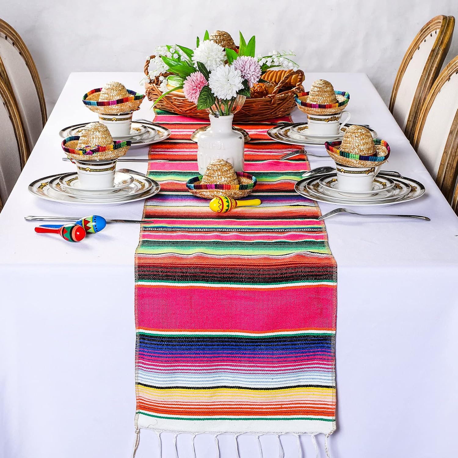 Civaner Mexican Fiesta Party Decorations Mini Maracas Sombrero Hats Mexican Serape Table Runner Papel Picado Banner