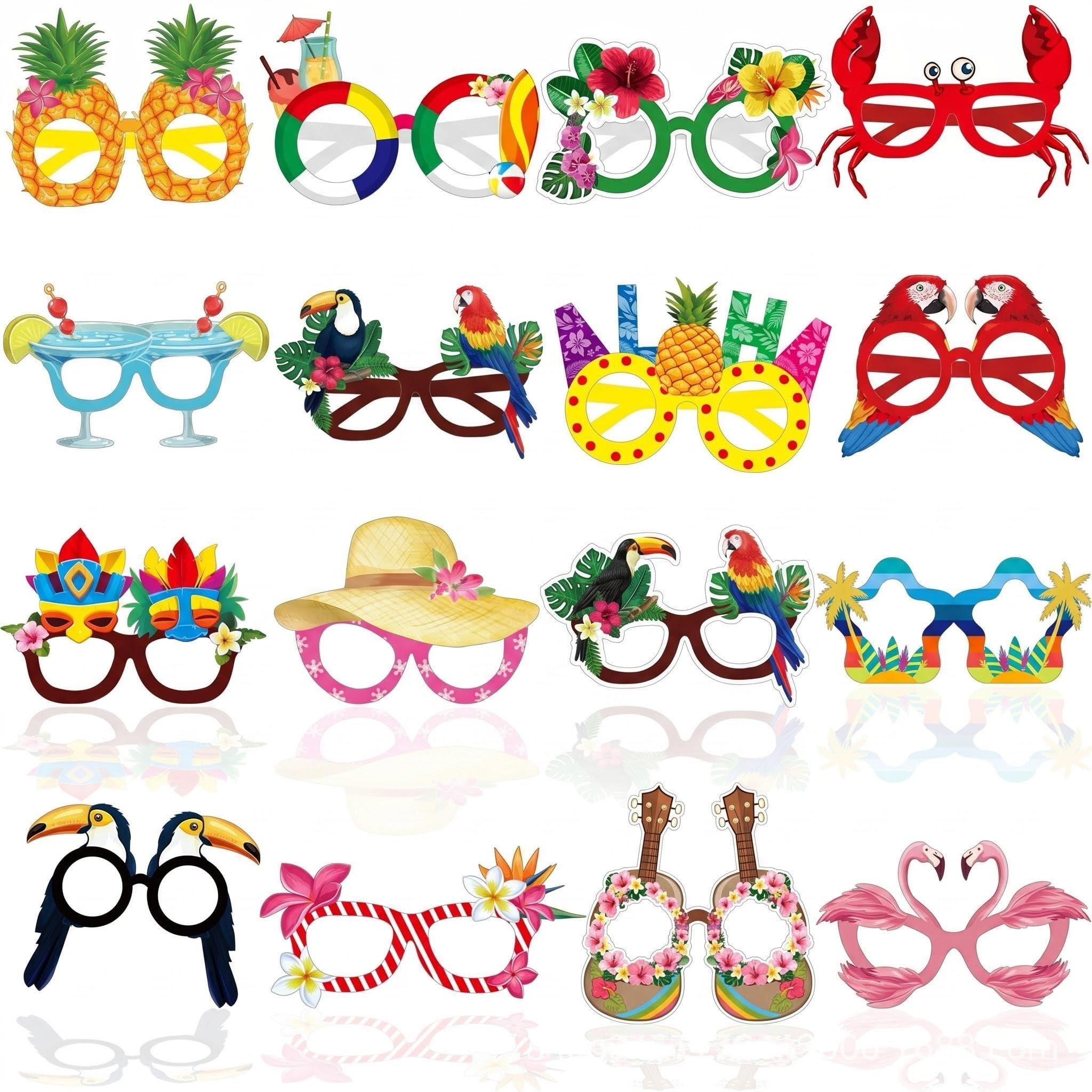 Mtbricey 16PCS Tropical Party Glasses Vibrant Hawaiian Paper Sunglasses with 16 Unique Designs Fun Beach Pool Luau Eyewear Photo Booth Props & Party Favours for Adults Pool Party Decorations
