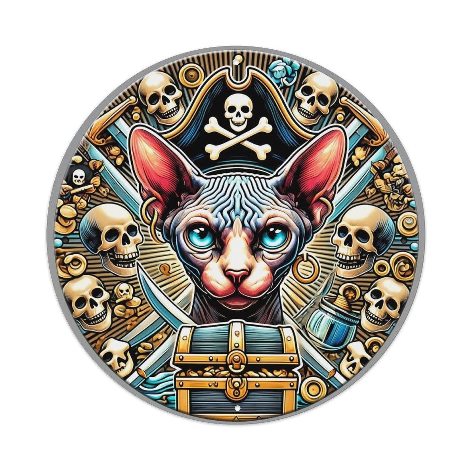 Pirate Cat Skulls Treasure Chest Retro Metal Sign Round Tin Sign, Vintage Decor Art Poster for Bar, Home, Man Cave, Kitchen, Laundry Room Gift 8x8Inch