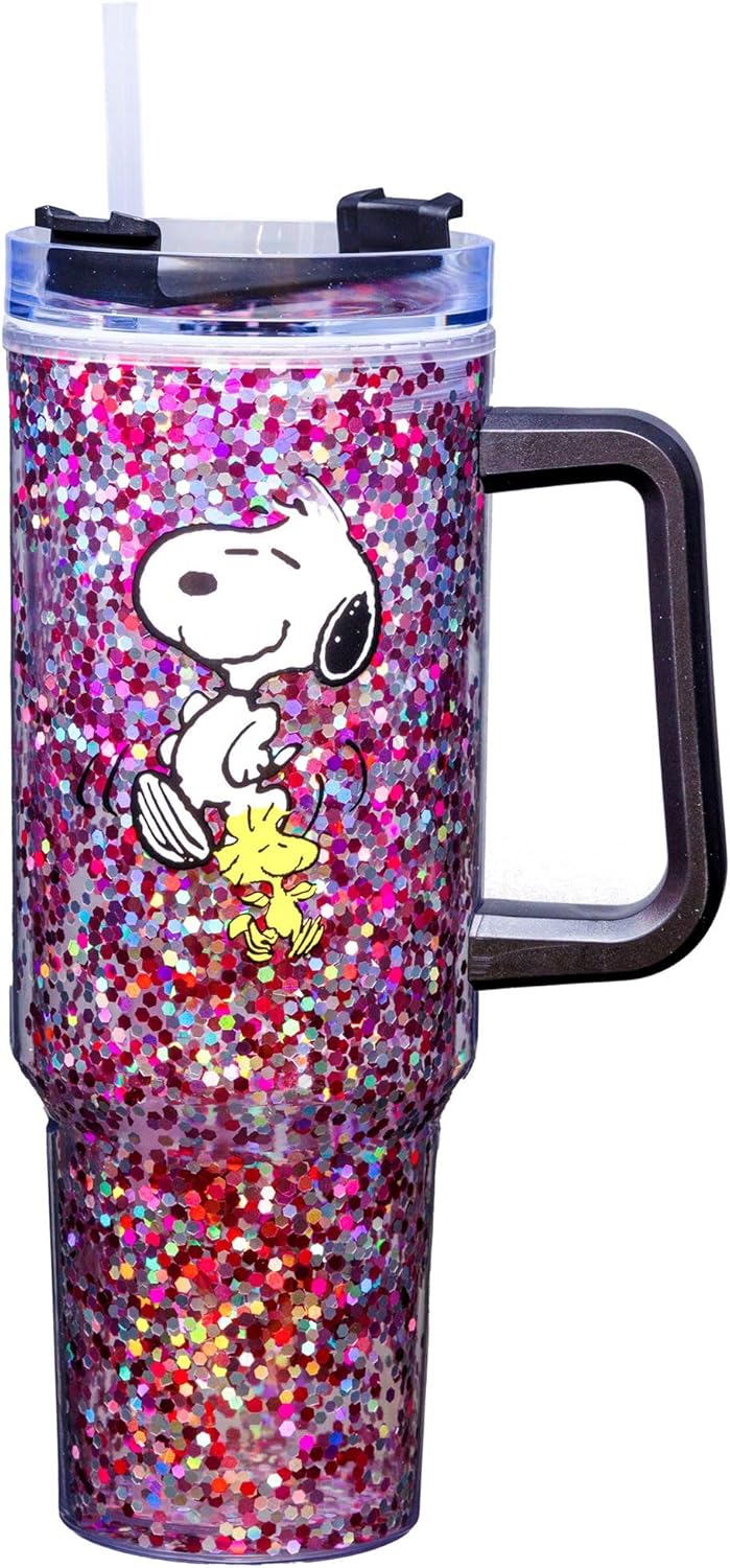 Spoontiques Peanuts 40oz Glitter Acrylic Travel Mug - Double Wall Acrylic with Sliding Lock Travel Lid and Straw - 11" Tall