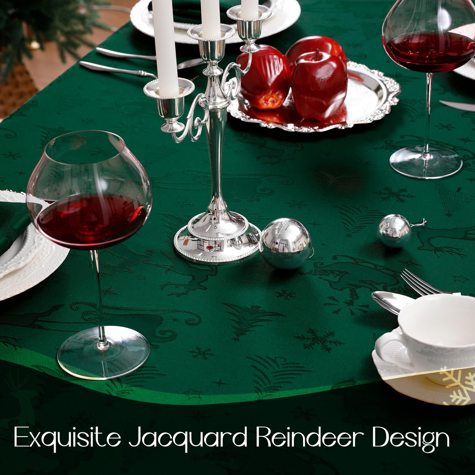 Romanstile Mantel de Navidad verde 350 x 150 cm, grande, lavable e impermeable, jacquard reno y árbol de Navidad, rectangular, XXL, mantel para vacaciones, decoración de Navidad, fiesta, fiesta