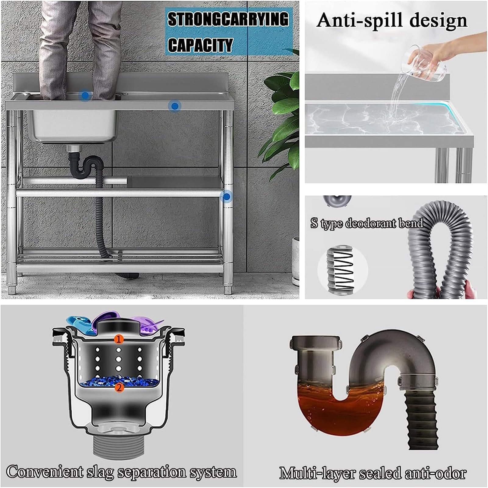 SDdPulse Fregadero utilitario de acero inoxidable con escurridor y grifo, grado comercial, estación de cuenco individual para bar, restaurante, cocina, hotel y hogar, fregadero de 1 compartimento
