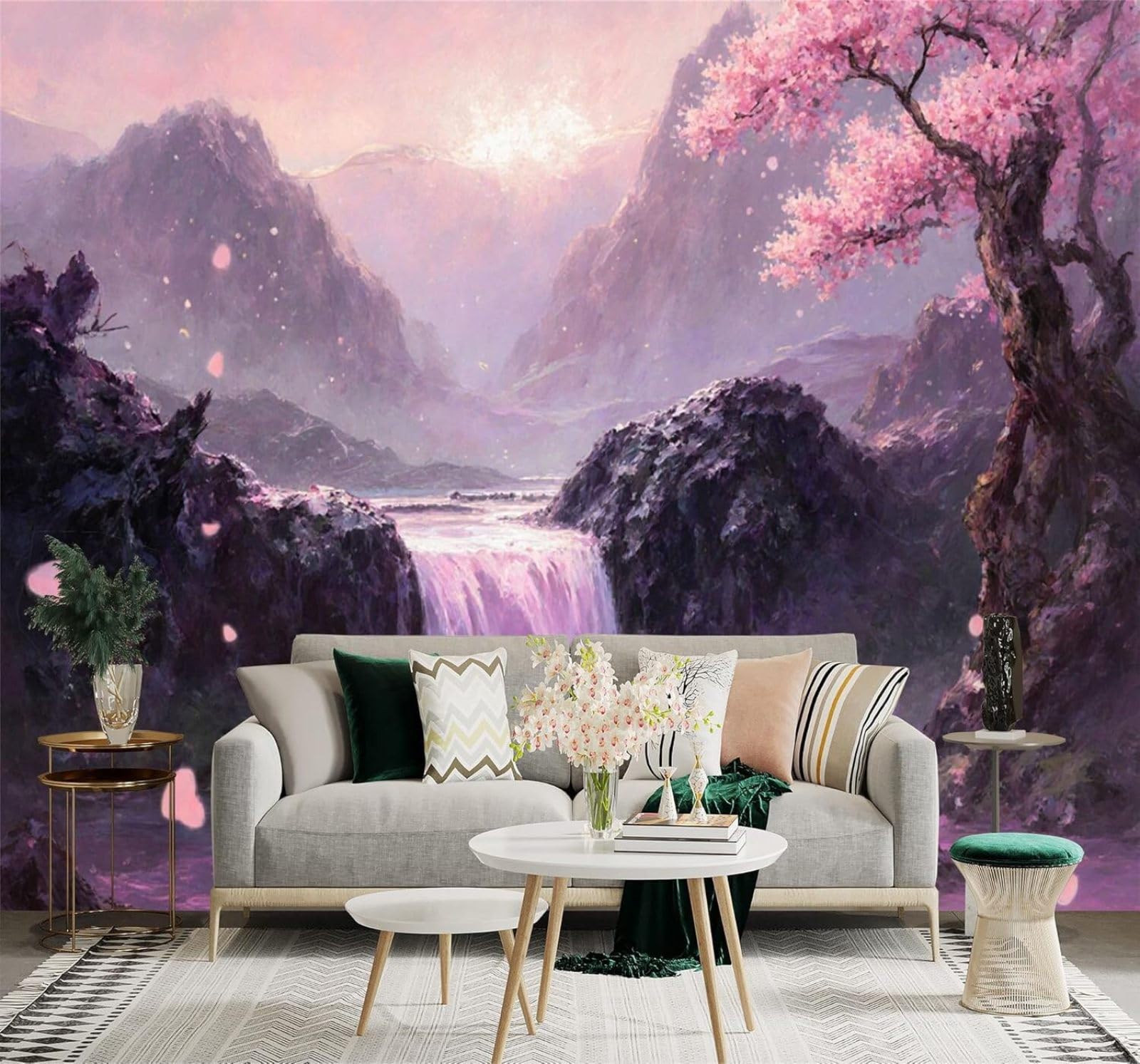 Xlming 400Cm×280Cm(B×H) Pink Cherry Blossoms Waterfalls Mountains Sunset Sky 3D Wallpaper Silky Texture Home Study Office Grey Dining Room Sofa Bedroom Living Room Tv Backdrop-400Cm×280Cm