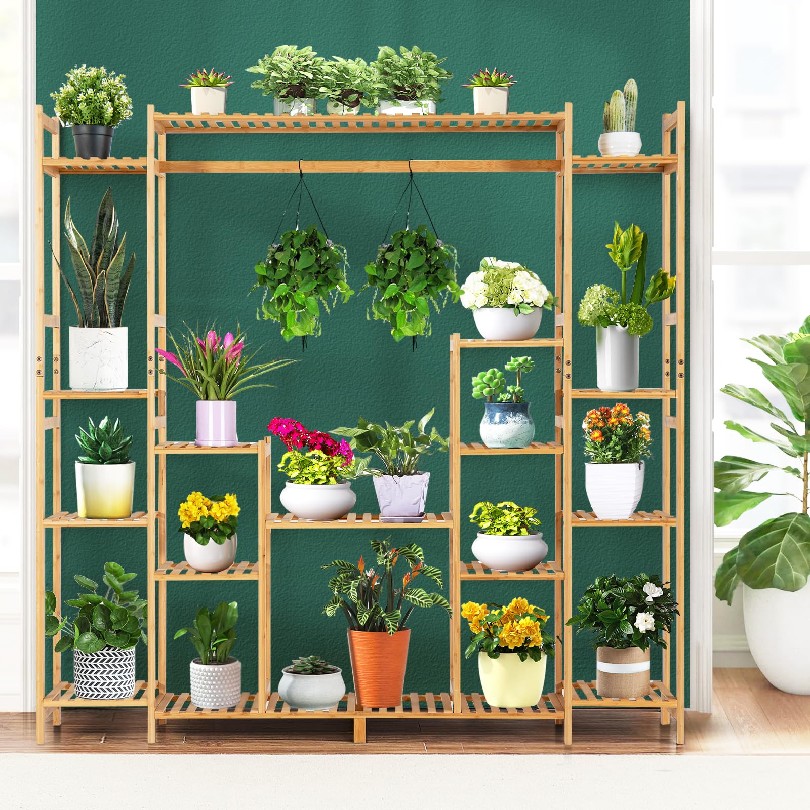 HOMASIS Estantería para flores con 18 estantes y barra colgante, estantería para plantas de bambú, soporte para plantas, soporte para plantas, para salón, 167 x 30 x 166 cm