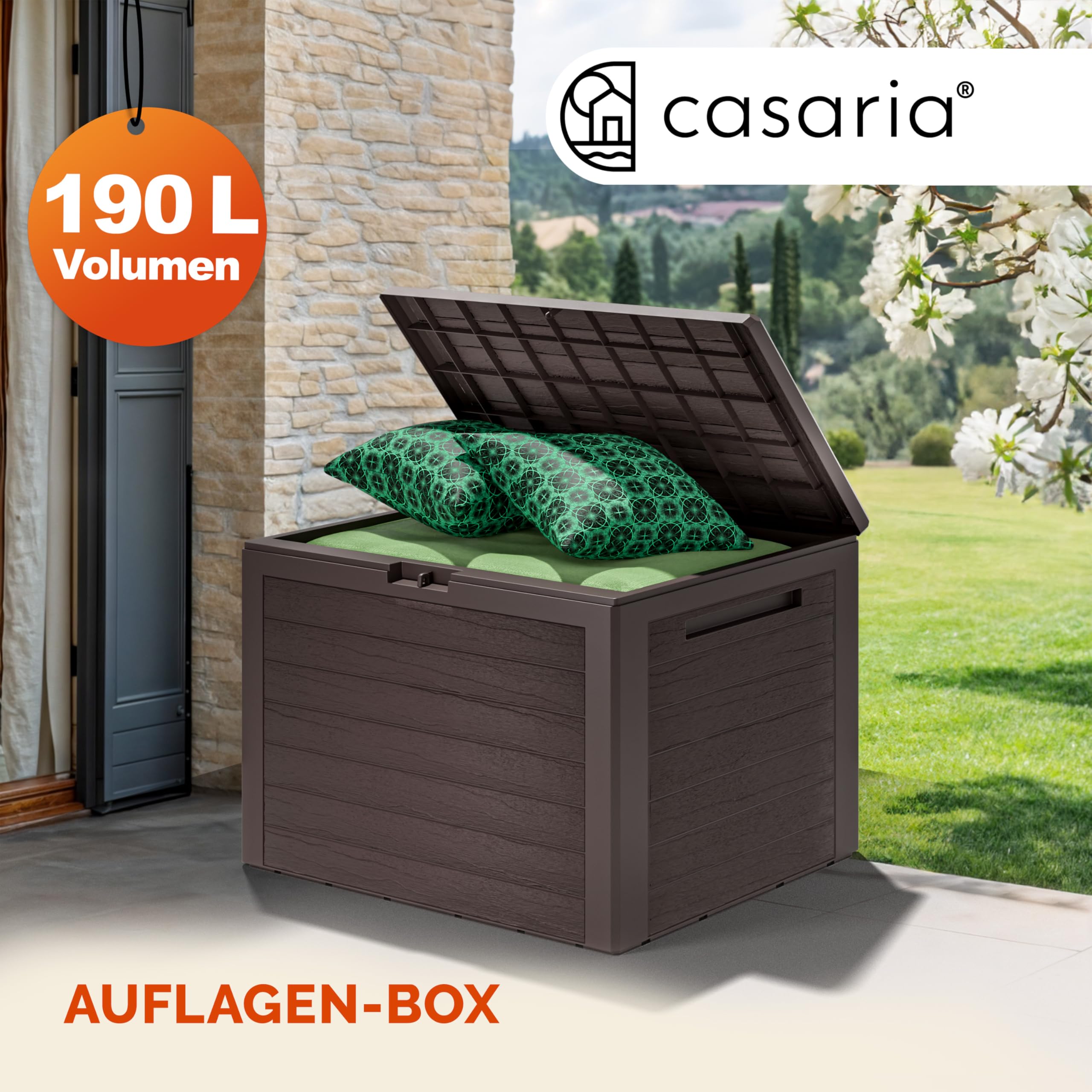 Casaria® Baule da Giardino Lille 190 L Effetto Legno Orgenizer Box Giocattoli 78x44x55cm Multibox Impermeabile Esterni