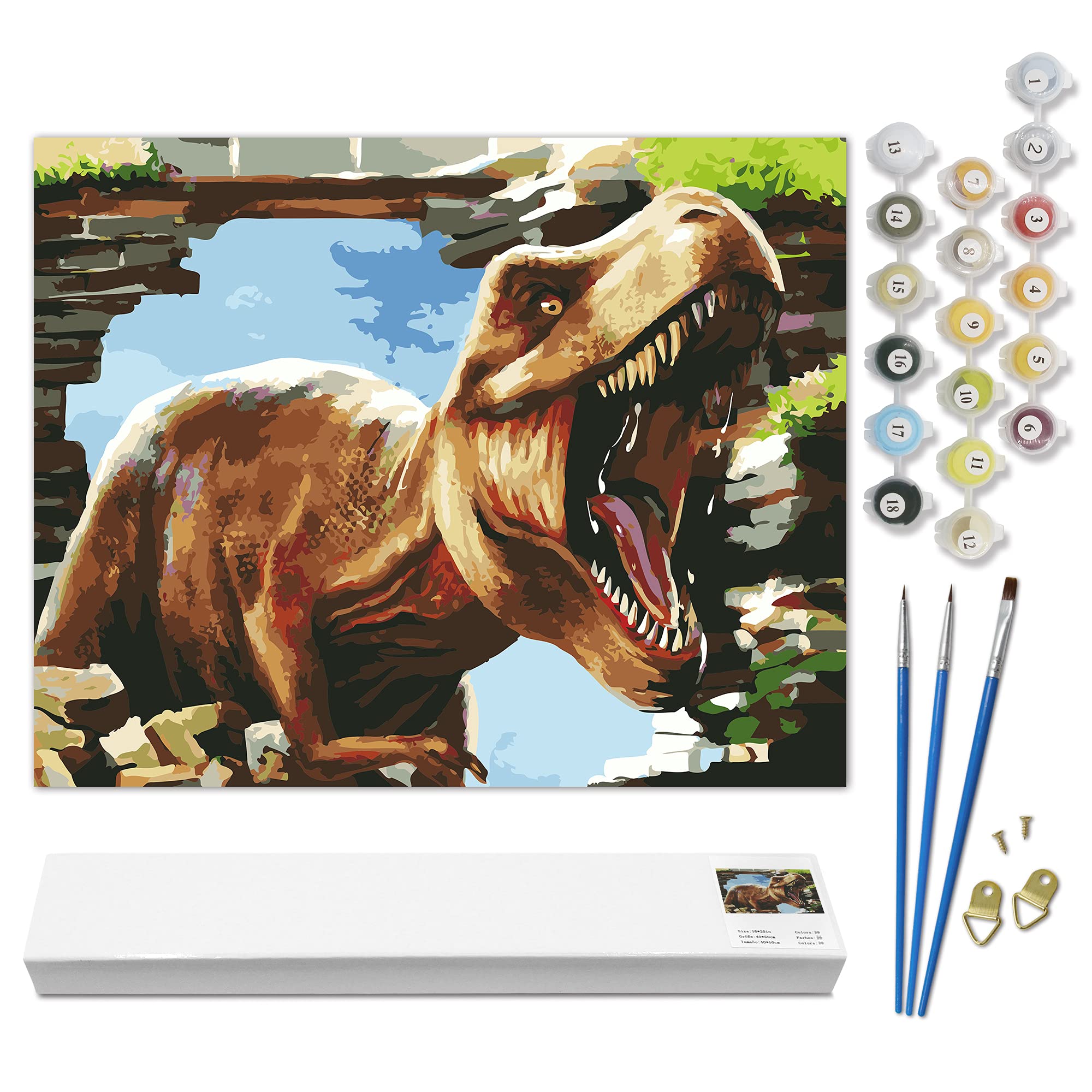 Talesay Paint by Numbers for Adults Beginner, Unframed 3D Roaring Dinosaur DIY Oil Painting Kits on Canvas with Brushes and Acrylic Pigment, Animal Drawing Paintwork for Home Wall Decor, 16''W×20''L