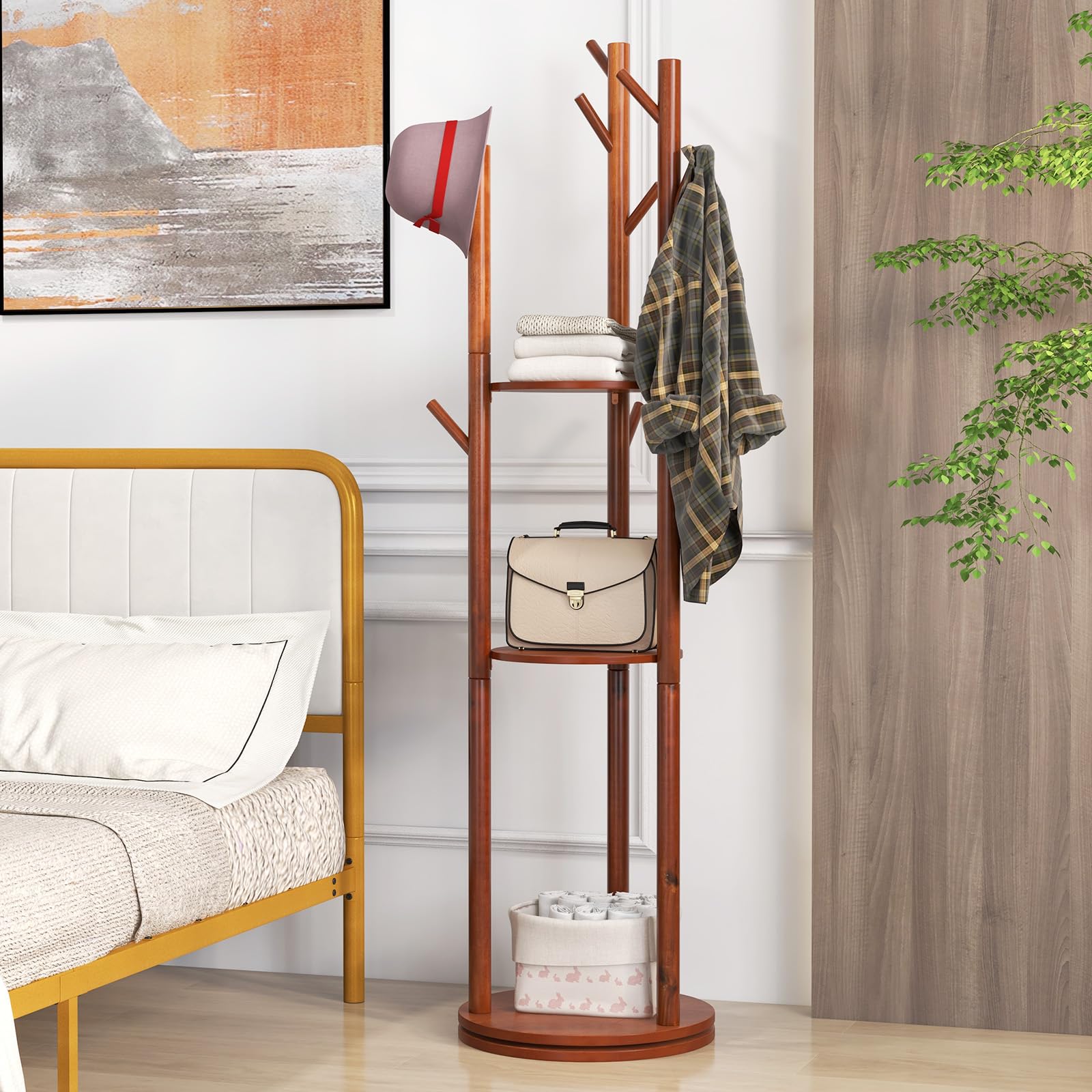 GYMAX Appendiabiti da Terra in Legno, Attaccapanni da Terra Girevole 360° con 9 Ganci e 3 Ripiani, Appendiabiti 167 cm per Ingresso, Camera da Letto, Soggiorno