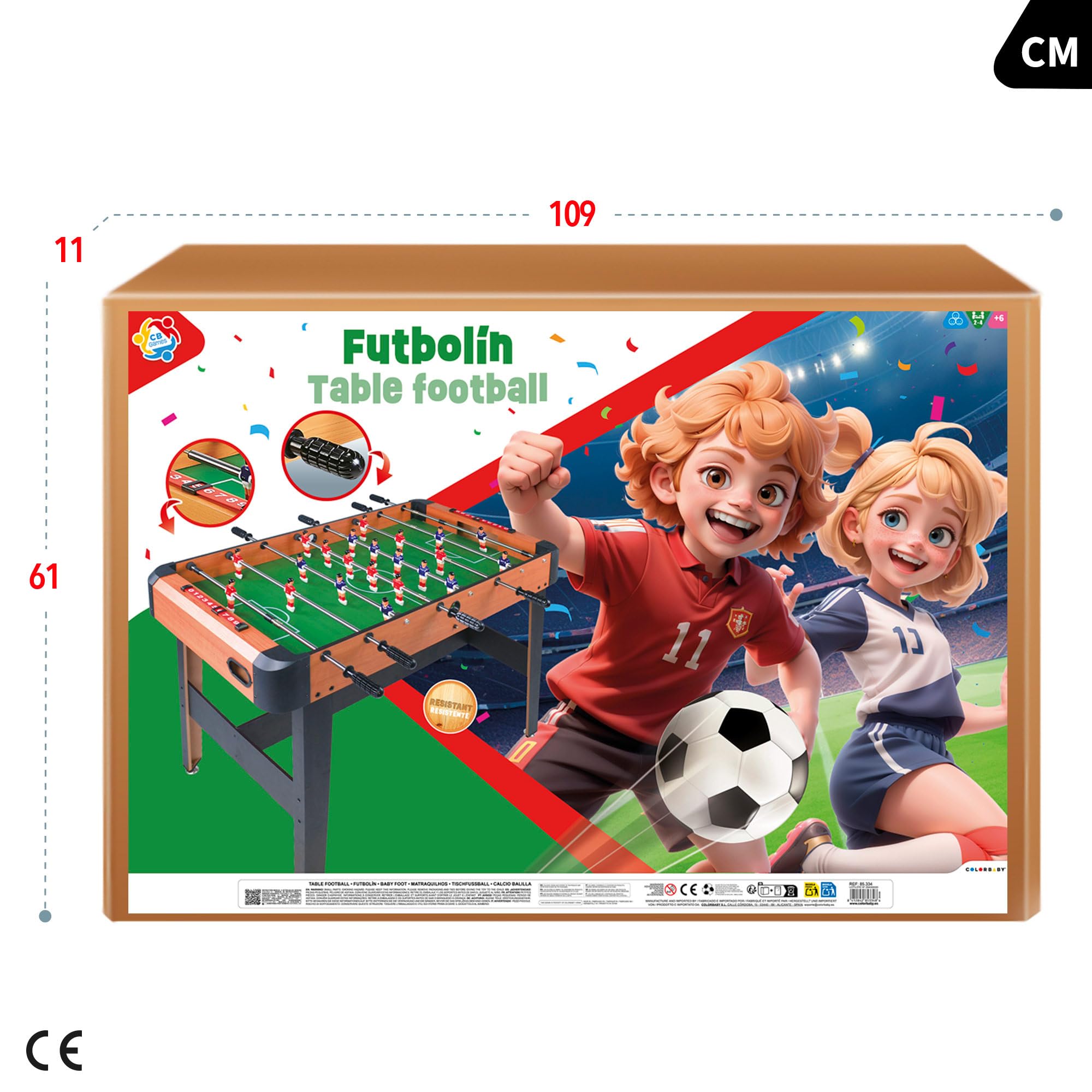ColorBaby CB Games 85334 Baby-Foot en Bois résistant, 20 Joueurs, avec marqueurs manuels, pour 2 à 4 Personnes, 121 x 61 x 79 cm, Baby-Foot pour Enfants, Jouets 6 Ans