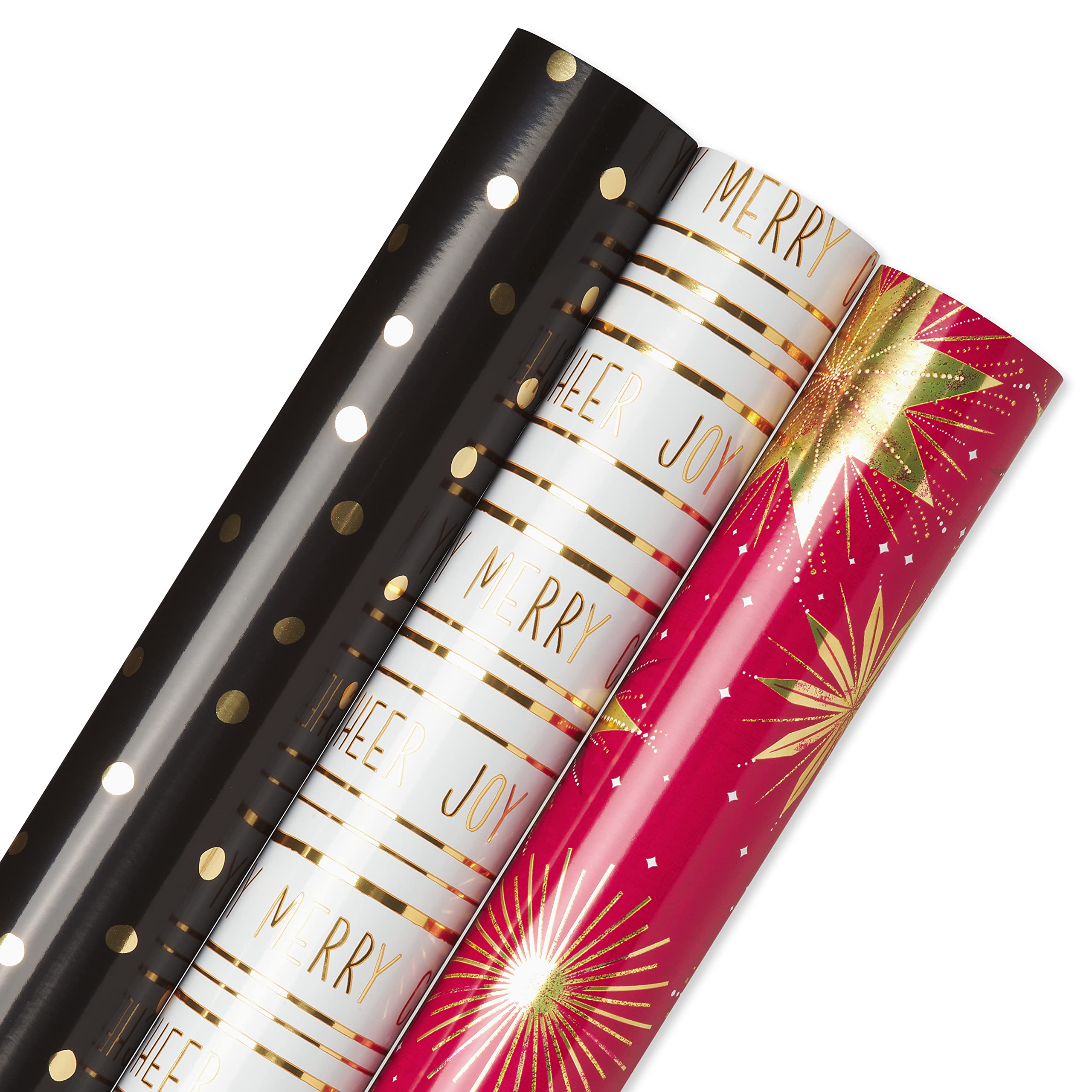 Papyrus Weihnachts-Geschenkpapierrollen, Schwarz + Goldpunkte, Freude, Sterne (3 Rollen, 67,5 m²)