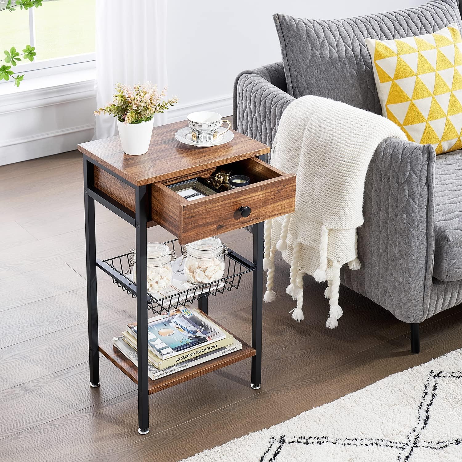 VECELO Versatile Side End Table, 27.6” Tall Nightstand with Storage Drawer and Basket for Living Room/Bedroom/Kitchen/Office, Industrial Metal Frame, Set of 2, Dark Brown