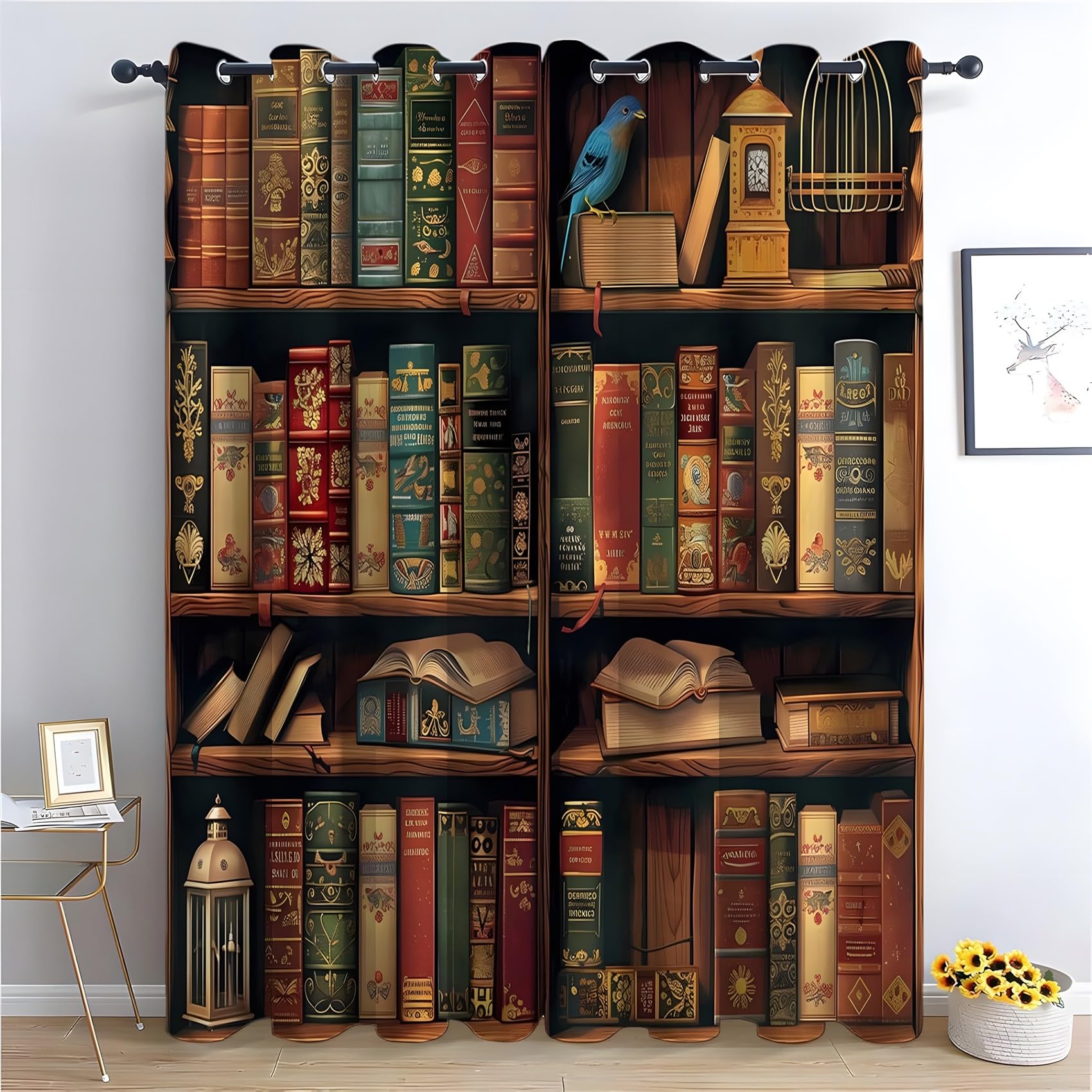 KaiHeBeding Vintage Bookshelf Blackout Curtains for Bedroom - Library Style Living Room Curtains 52x84 Eyelet - Soft Thermal Insulated Patterned Drapes for Windows - 2 Panels