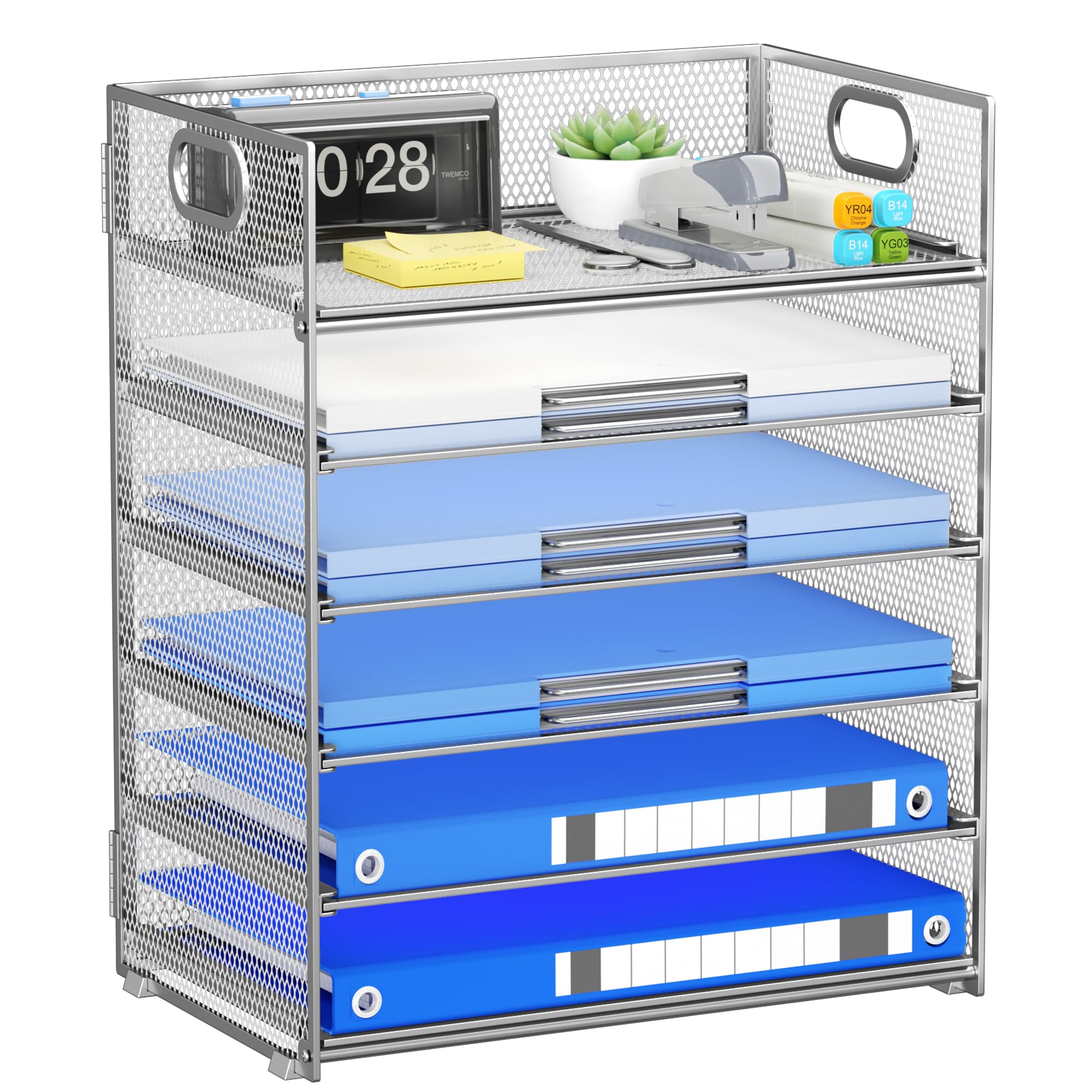 Kinkota Paper Organizer for Desk with Handle, 6-Tier Silver Metal Mesh File Organizer | Stackable Desktop Organizer for Office Supplies & Home