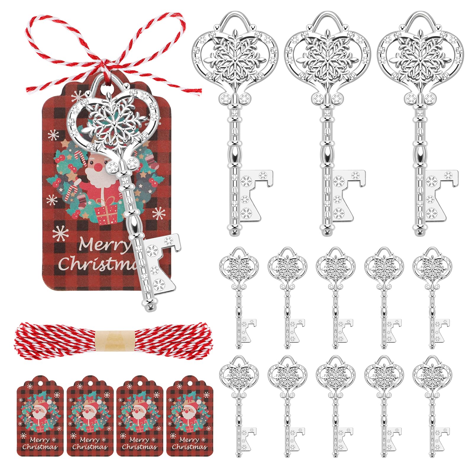 50 apribottiglie a forma di fiocco di neve di Natale, portachiavi argentato con fiocchi di neve e corde, decorazioni per albero di Natale, forniture festive a tema, regalo per colleghi