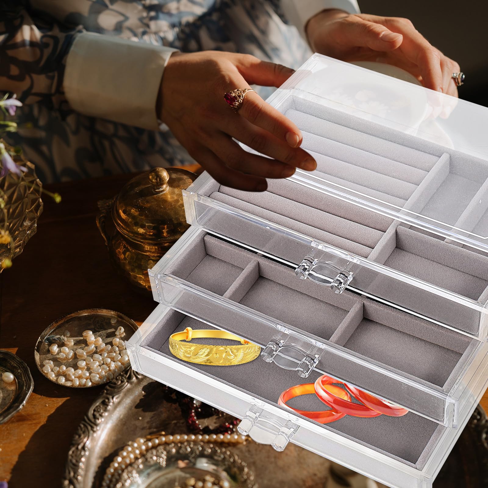 Operitacx Scatola Portaoggetti Cassetti per Gioielli e Orecchini, Organizer da Toeletta Multiuso in Materiale Resistente Grigio, Contenitore per Anelli e Accessori da Scrivania per Casa