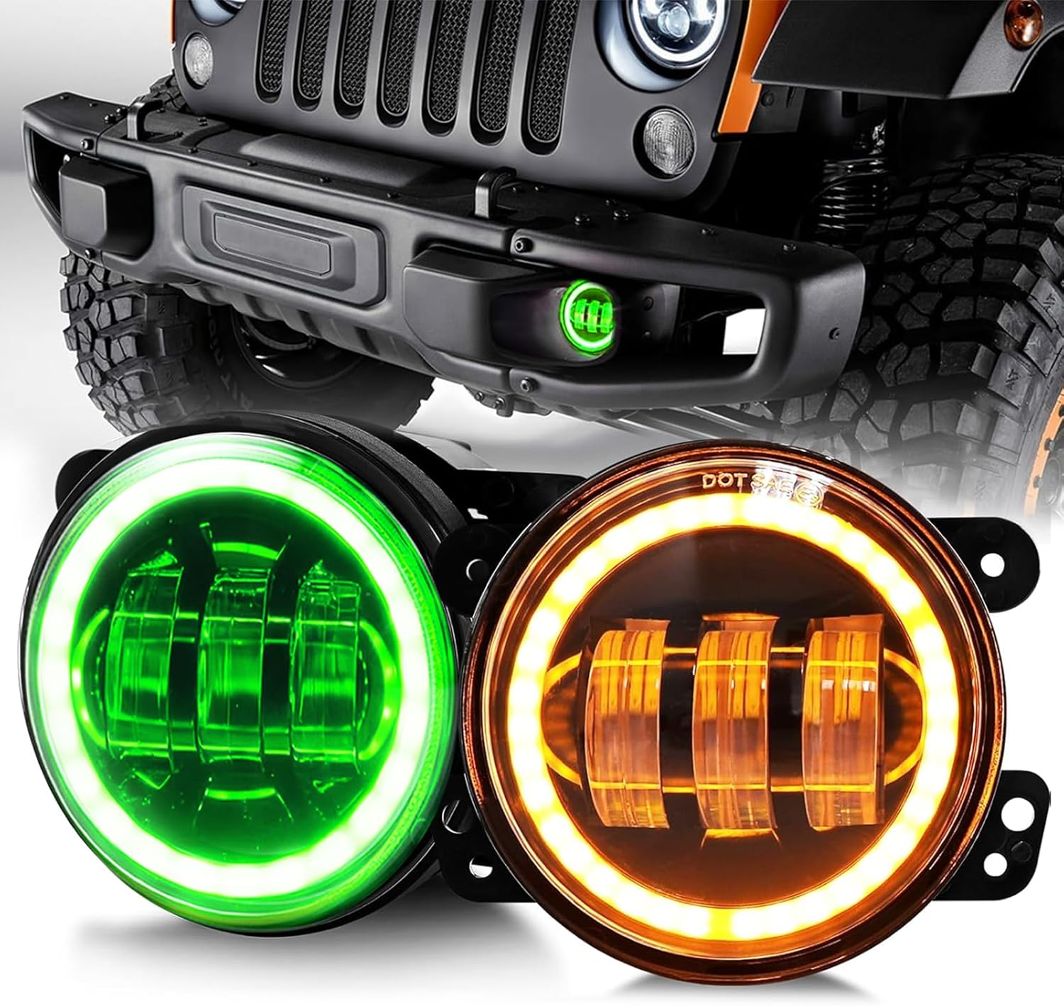 Wrangler Fog Lights Green/Amber Halo Ring DRL Amber Turn Signal, 60W LED Front Bumper Replacements Compatible with 2007-2018 Wrangler JK JKU DOT Approved, Pair Black