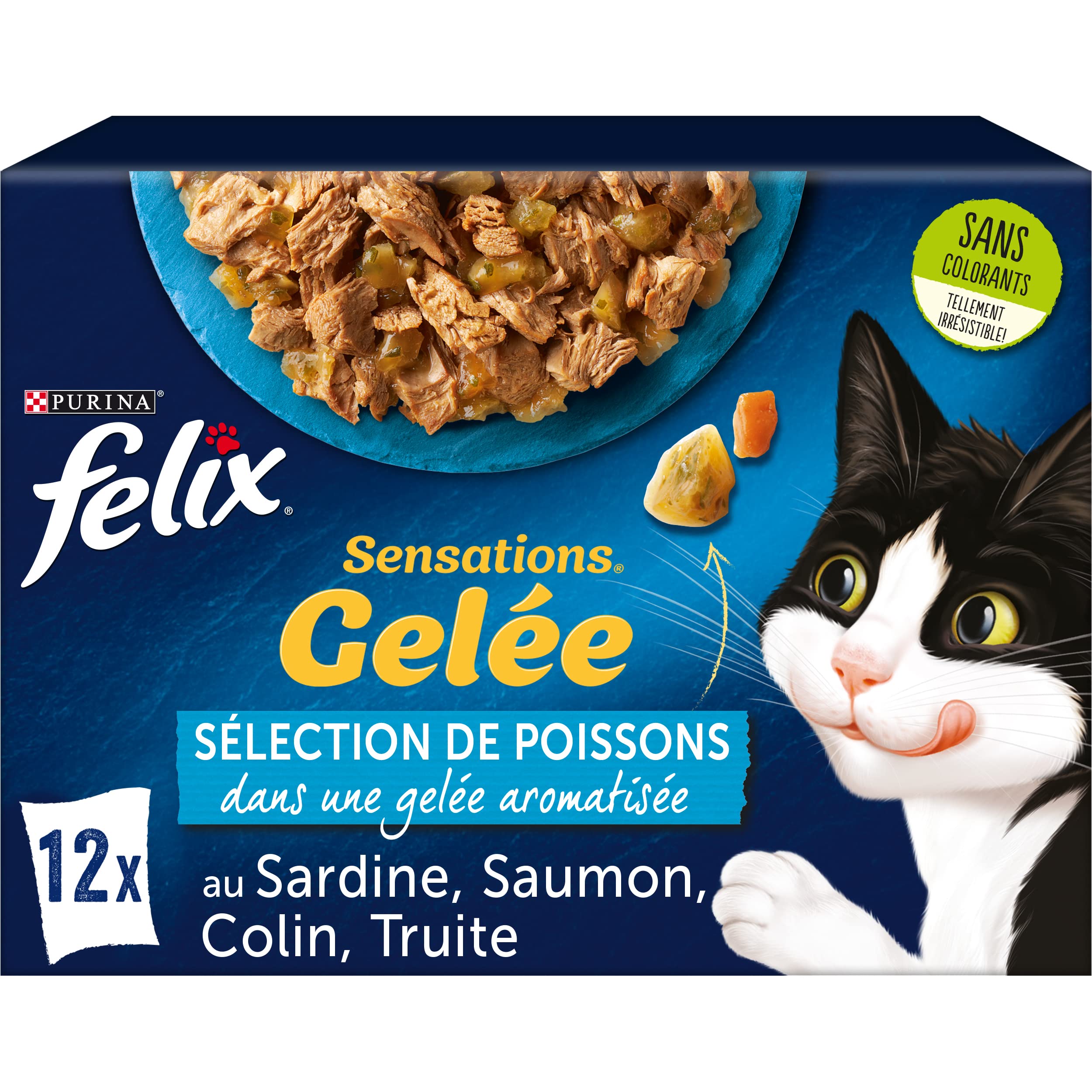 FELIX | Sensations | ausgewachsene Katze | Auswahl von Gelee-Fischen: mit Lachs, Sardine, Colin, Forelle | Nassfutter 100% vollständig und ausgewogen | Frischebeutel | 6 Stück (12 x 85 g)