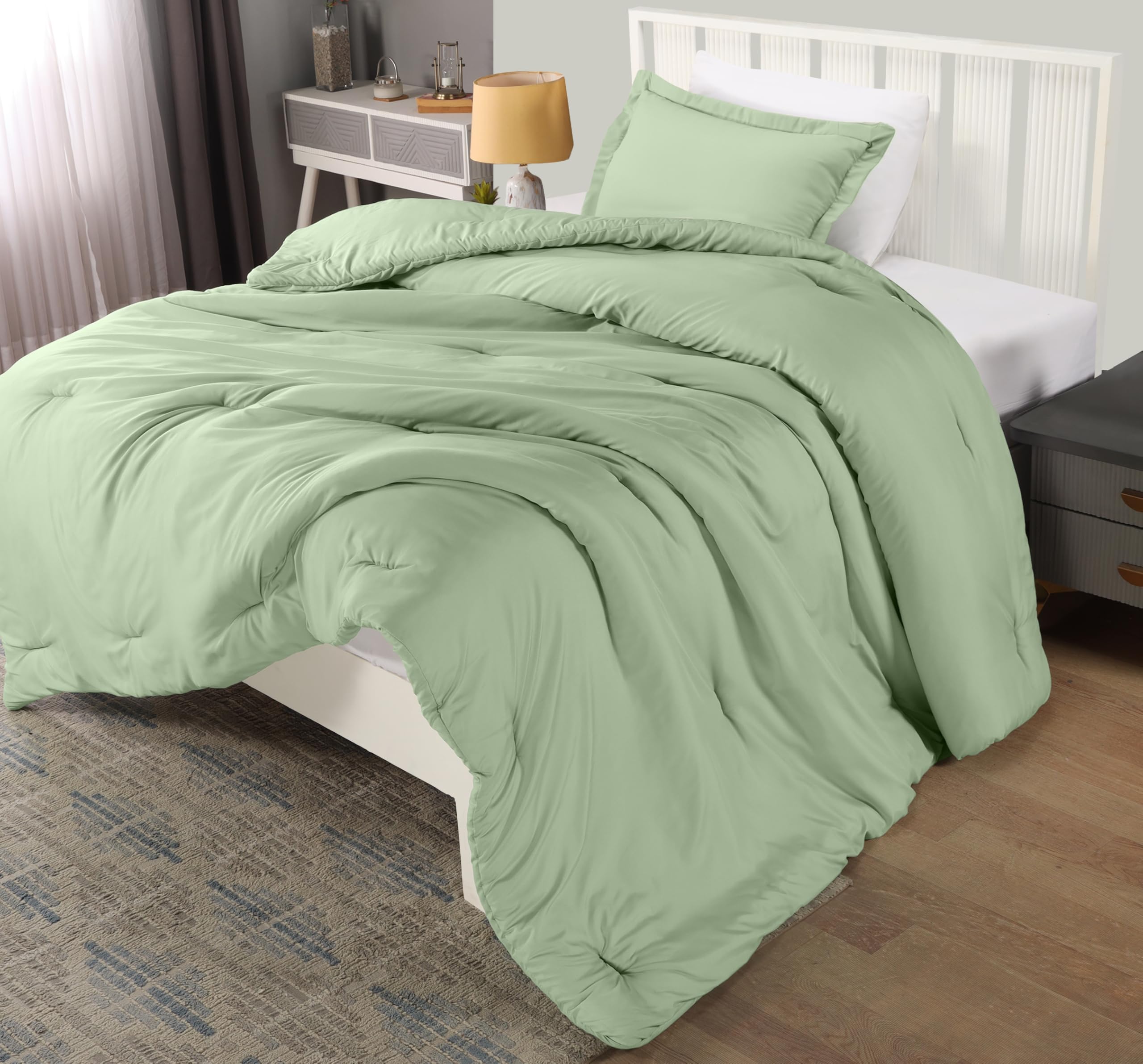 Bedding Twin Comforter Set Sage Green, Comforters Twin Size 2 Pieces Bedding Comforters Sets, Down Alternative Soft Bed Set, 1 Comforter (64 x 88 inches) 1 Pillow Sham (20 x 26 inches)