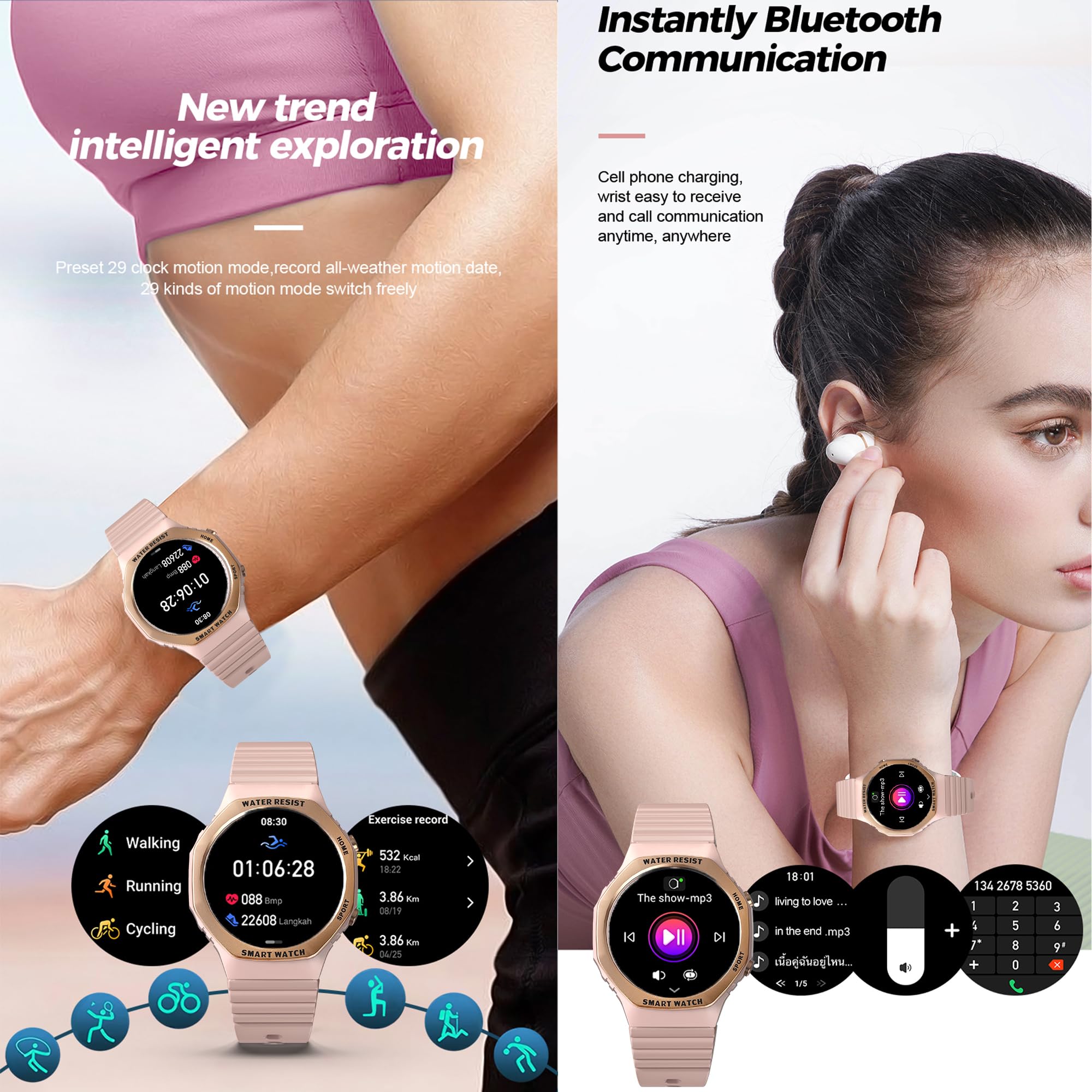Reloj Inteligente Mujer con Llamadas, 1,32 AMOLED Pulgada Smartwatch Deportivo con Podometro Pulsometro SpO2 Sueño Presion Arterial Pulsera Actividad 5ATM Reloj Digital para iOS Android (Oro)