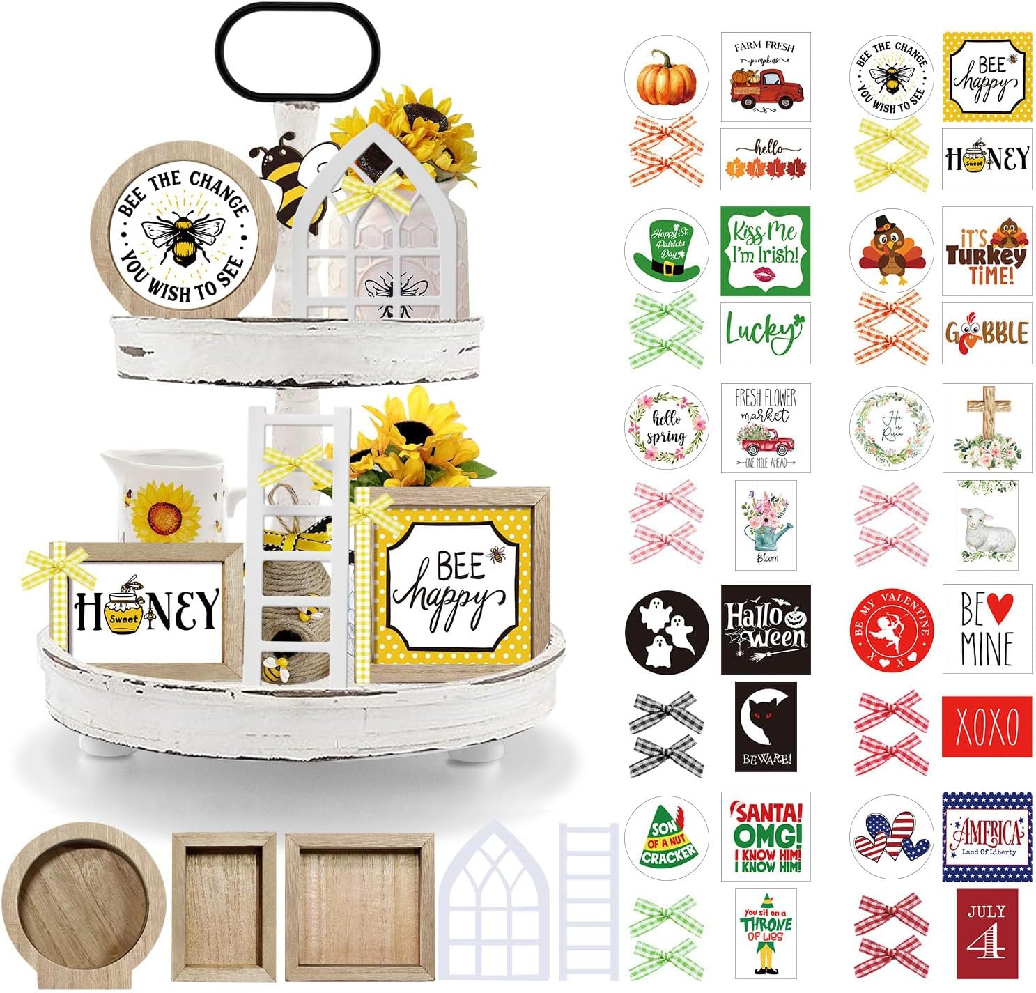 Bee Tiered Tray Decor, Bee Rustic Farmhouse Decorations for Home, Interchangeable Year Round Seasonal Decorations Wooden Frames + Mini Arch + Ladder Set, No Tray, Bee Gift