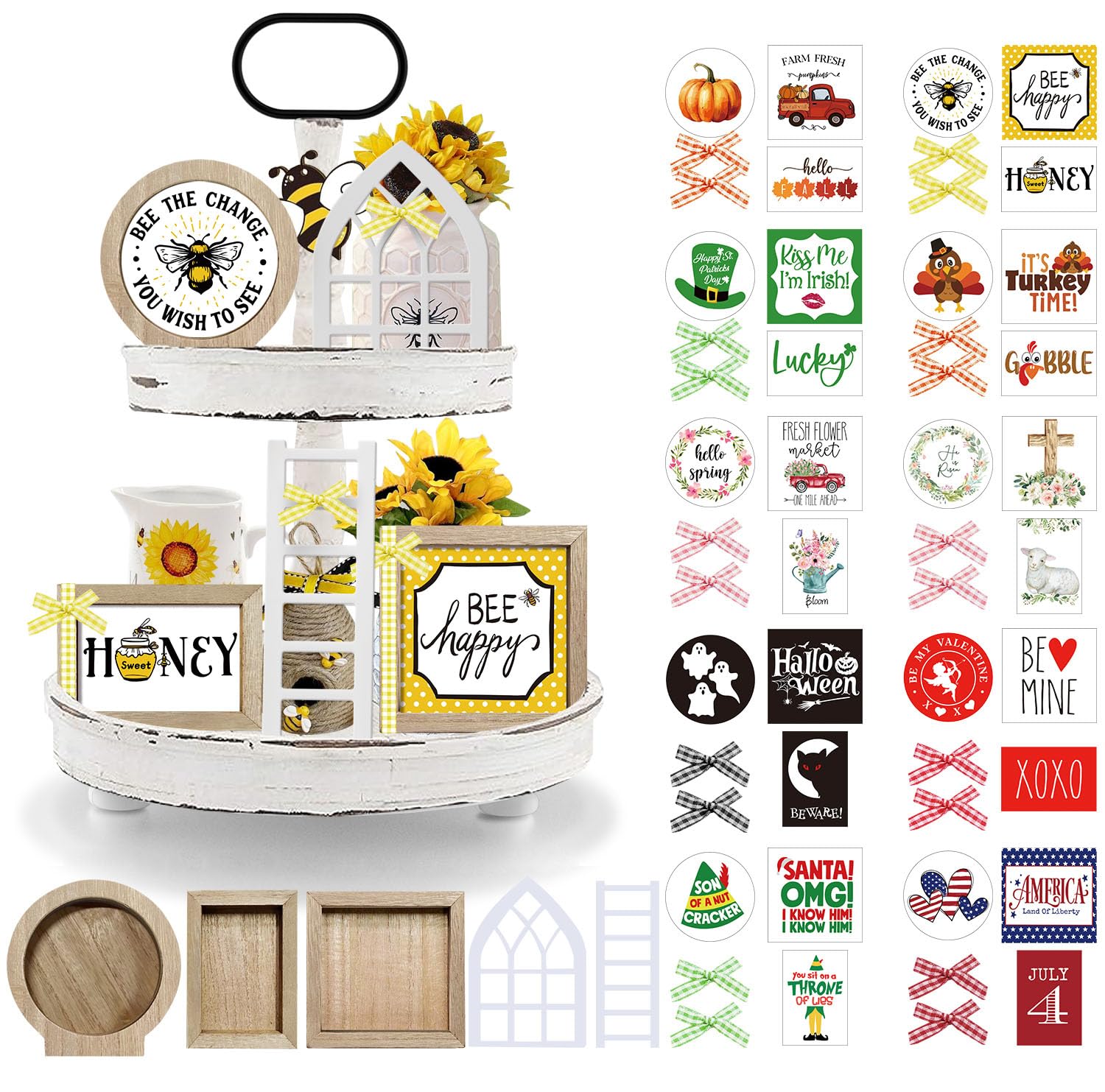 Bee Tiered Tray Decor, Bee Decorations for Home, Interchangeable Year Round Seasonal Decorations Wooden Frames + Mini Arch + Ladder Set, No Tray, Bee Gift