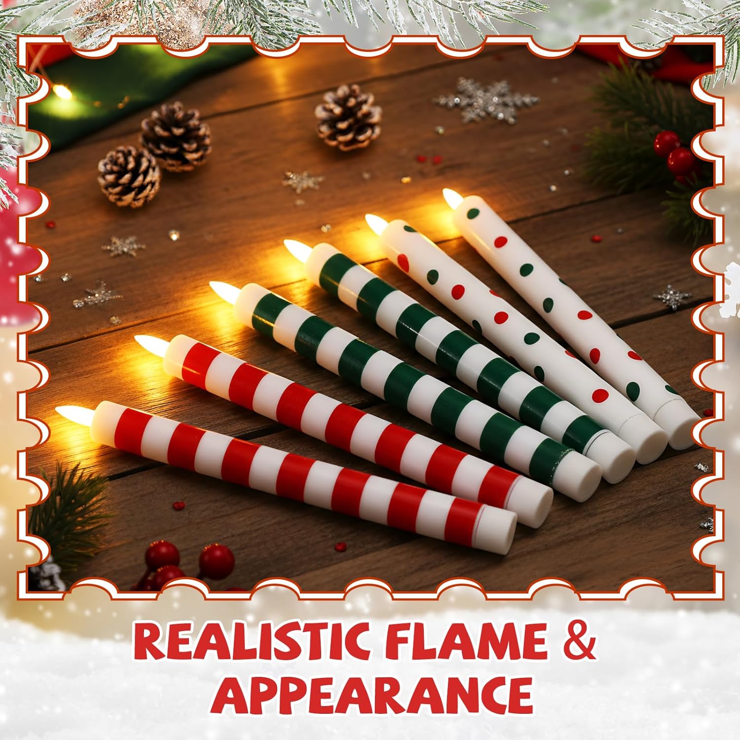 6 Pack Christmas Flameless Taper Candles 10.6'' Plastic LED Candles 3D Wick Flickering Electric Tall Candlesticks Battery Operated for Christmas Fall Autumn Home Party Decor