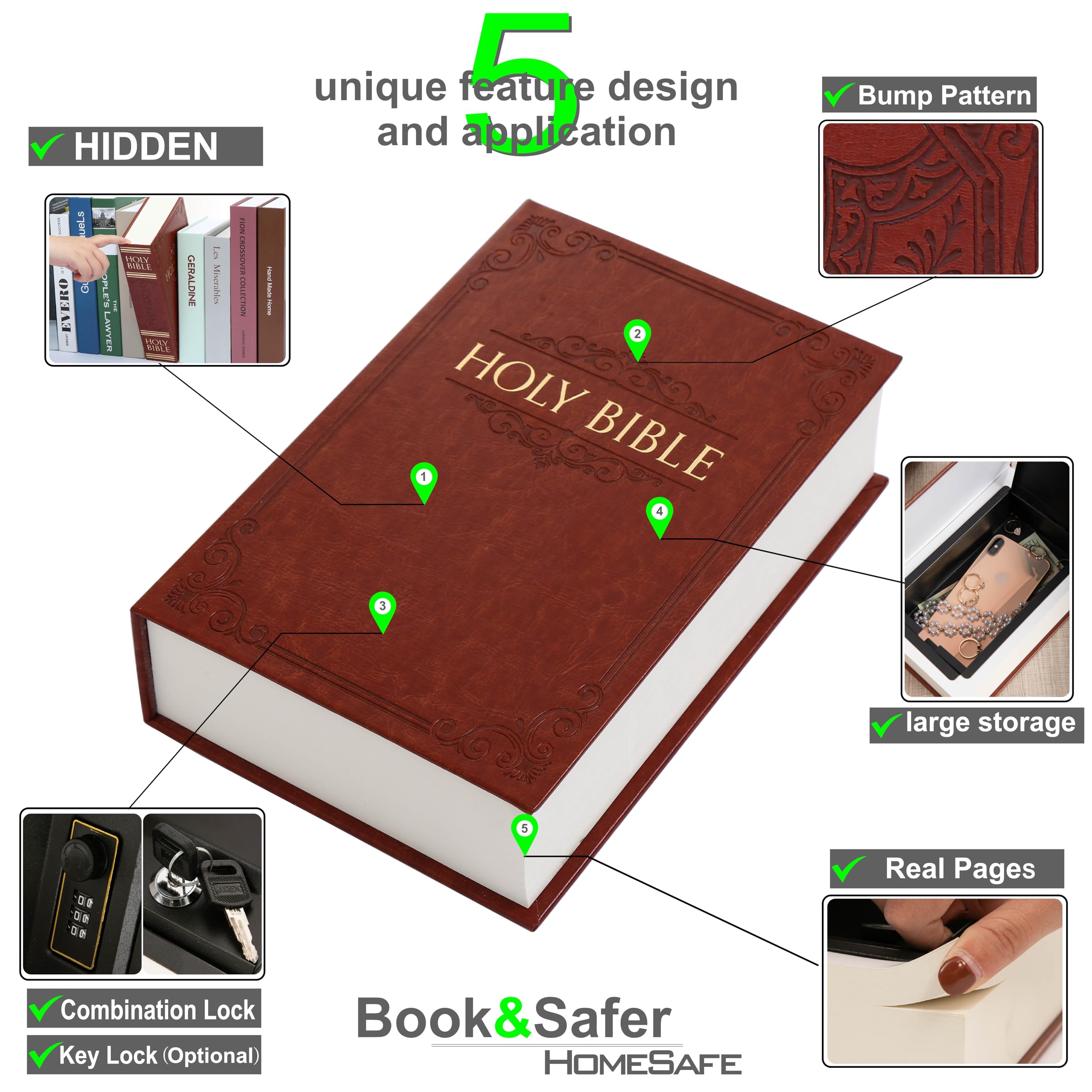 Deversion Buchsafe Aufbewahrungsbox mit echten Seiten, Zahlenschloss und Schlüsselschloss, Geldtresor, Buchaufbewahrung, Schlossboxen für persönliche Gegenstände, 23,9 x 15,5 x 5,8 cm