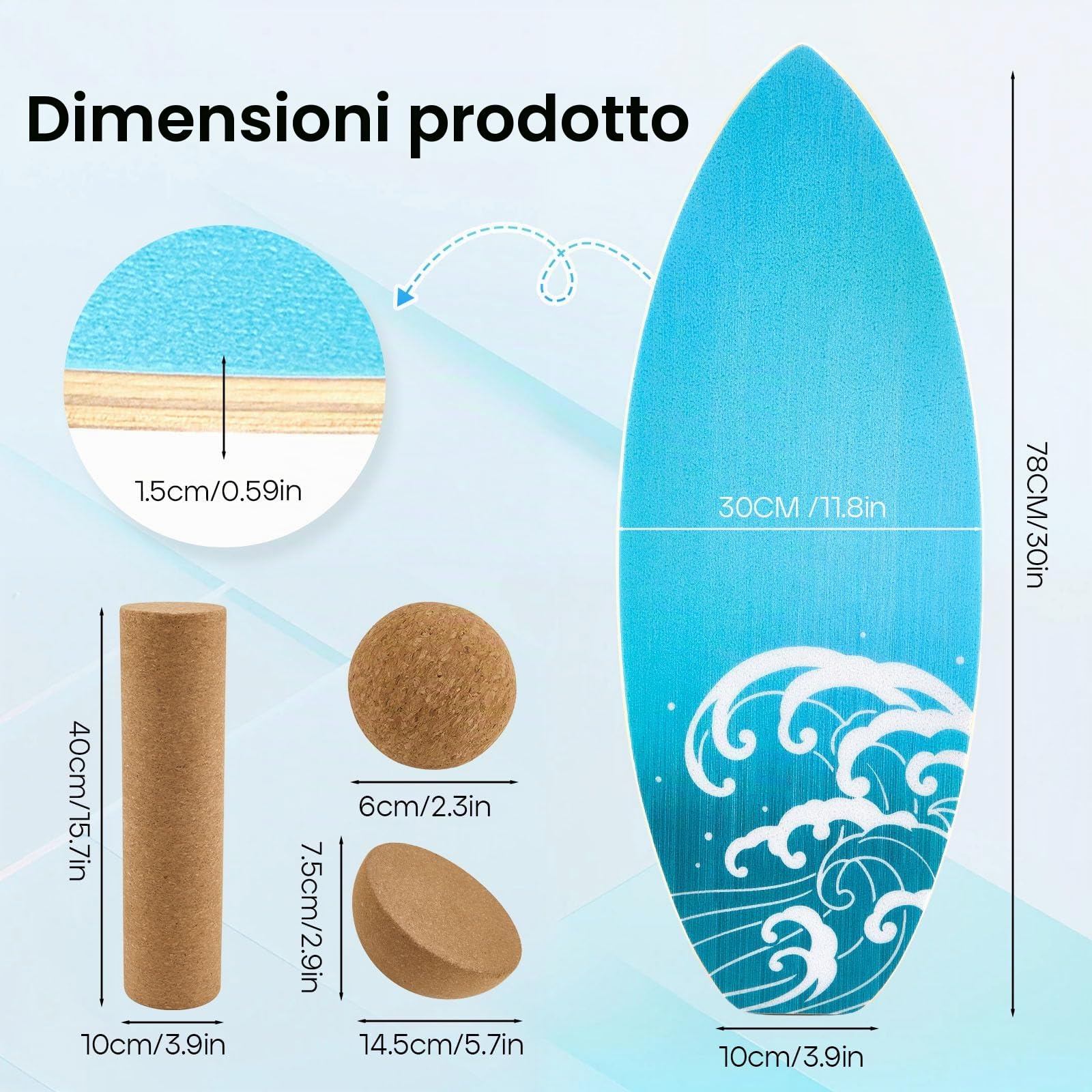Tavola Di Equilibrio 3 In 1 Per Adulti,Con Rullo E Sfera Di Sughero,Superficie Antiscivolo E Silenziosa,Balance Board Ideale Per Surfisti E Snowboarder,Portata Massima 200 Kg