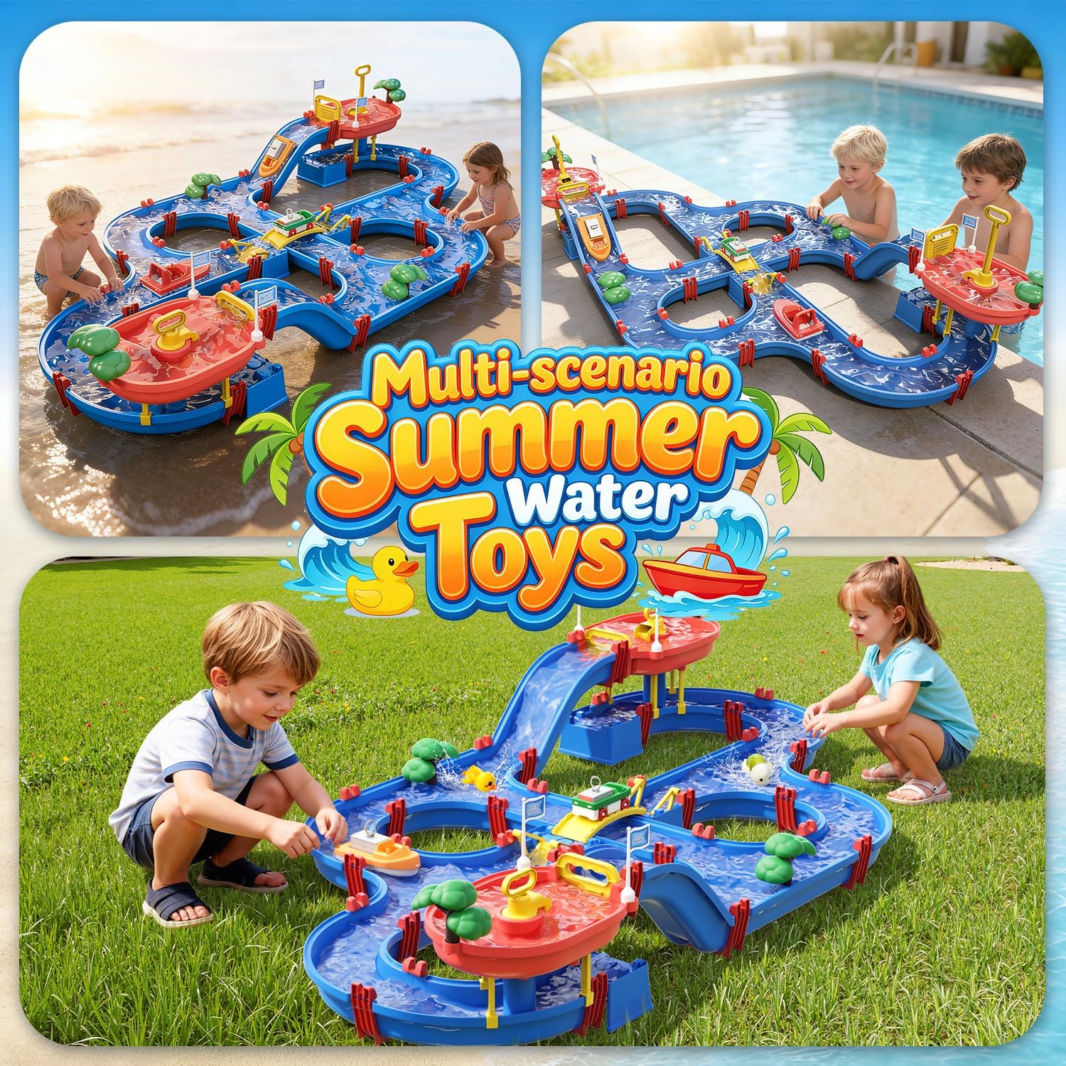 VATOS 2-Tier Toddlers Water Table Toy, 114 PCS DIY Dual-Basin Water Pump, Summer Outdoor Water Toys Backyard, Beach, Balcony, Garden Fun Water Playset for Girls, Boys 3-5 Years Old Pets Families
