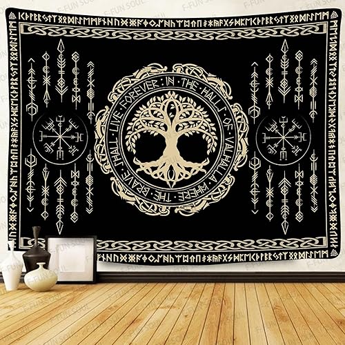 F-FUN SOUL Tapiz de los vikingos nórdicos, franela suave, 40 x 30 pulgadas, árbol de la vida vikingo Yggdrasil, runa celta escandinava, tapiz de