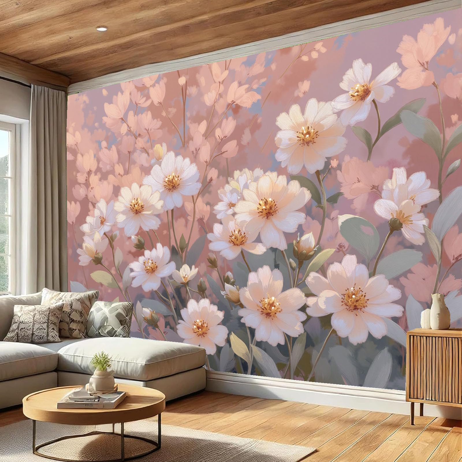 Papier Peint Panoramique En Soie Rose Blush - Floral Rêveur - 250X175Cm - Revêtement Mural Décoration Paysage Végétal Décoration Tapisserie Wallpaper Muraux Photo Salon Chambre