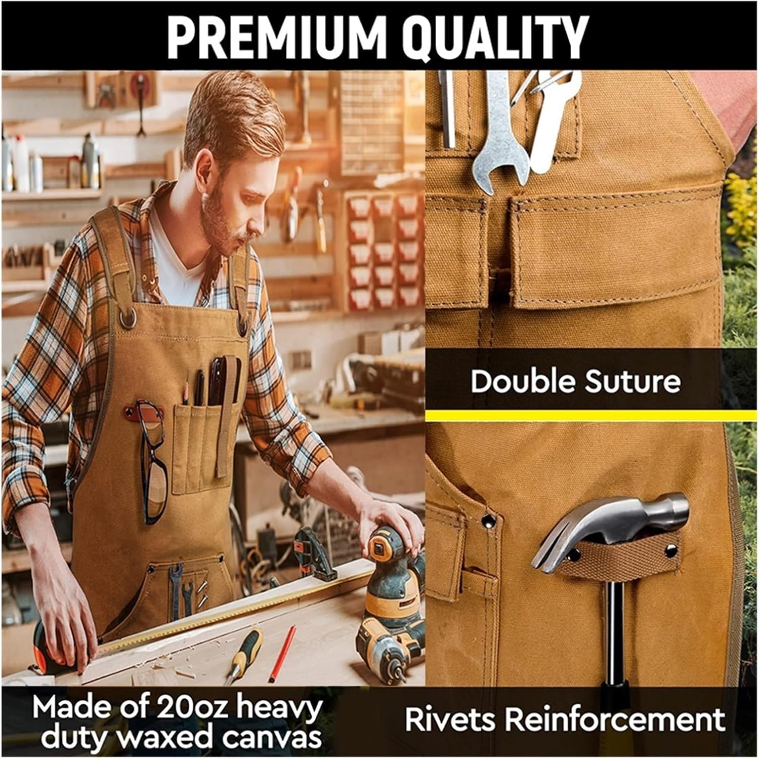 Tool Apron Woodworking Apron for Men 20 Oz Work Garden with 9 Tool Pockets Gifts for Heavy Duty Waxed Canvas