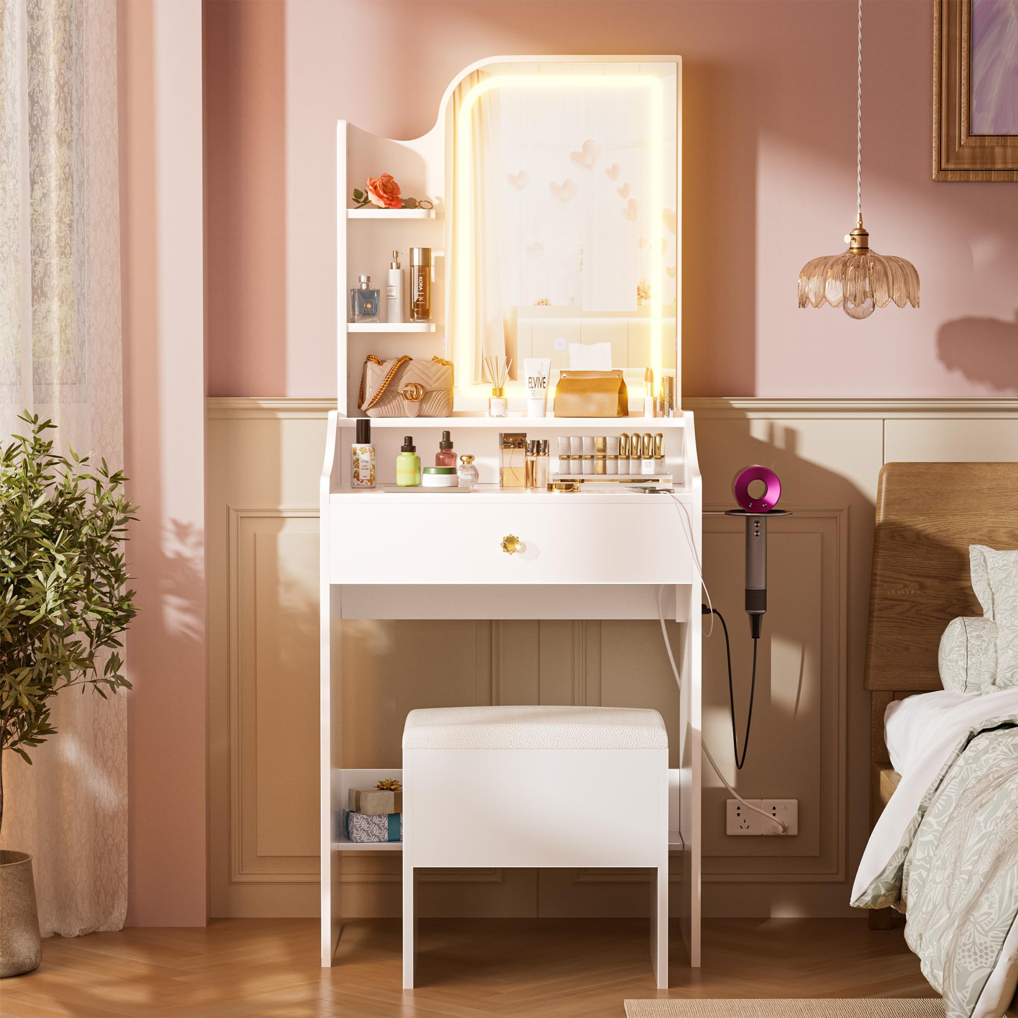 Makeup Vanity Desk with Mirror and Lights, Vanity Table Set with Storage  Drawer and Shelves for Small Spaces, Make Up Dressing Table with Chair