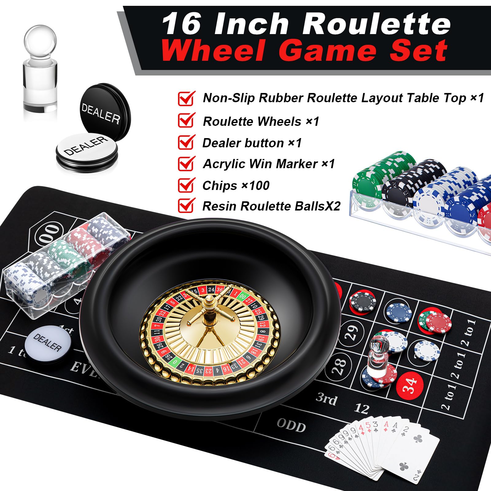 Lunmon Roulette-Rad-Spiel-Set beinhaltet 40,6 cm schwarzes Roulette-Rad, 88,9 x 40,6 cm, Gummi-Tisch-Layout-Matte, 100 Chips, Dealer-Button, Gewinnmarker, Casino-Spiel-Sets, Geschenkideen (schwarz)